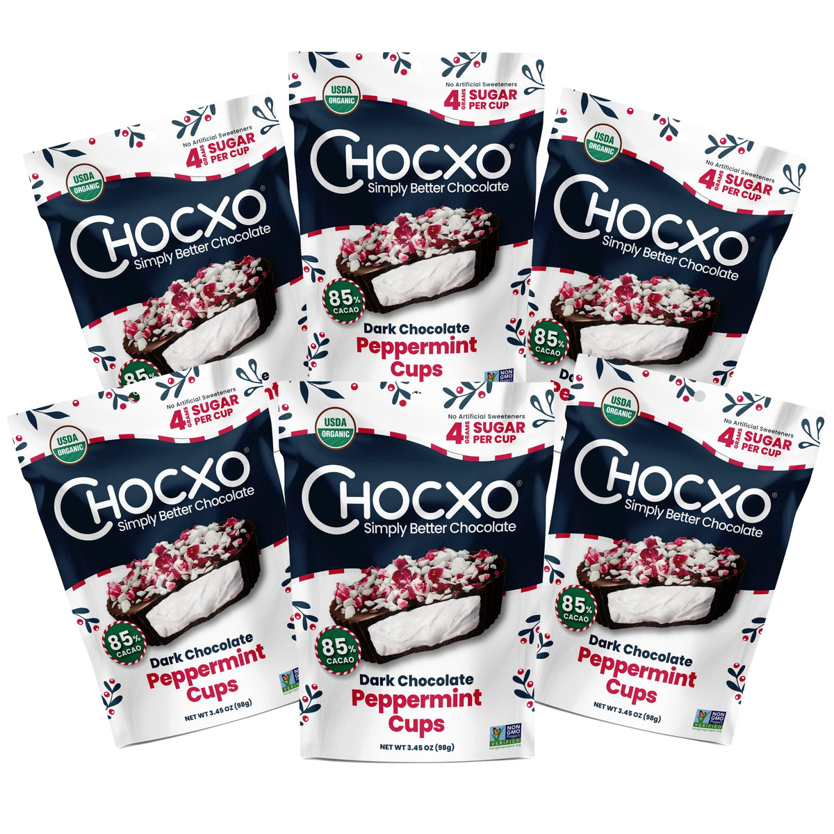 ChocXO peppermint cups packaging shown, ideal for gifting.