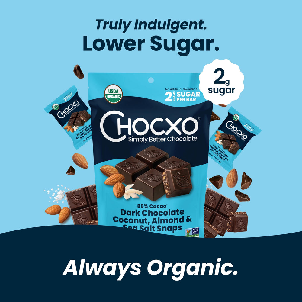 Box of 42 ChocXO snaps, ideal for sharing or pantry stocking.