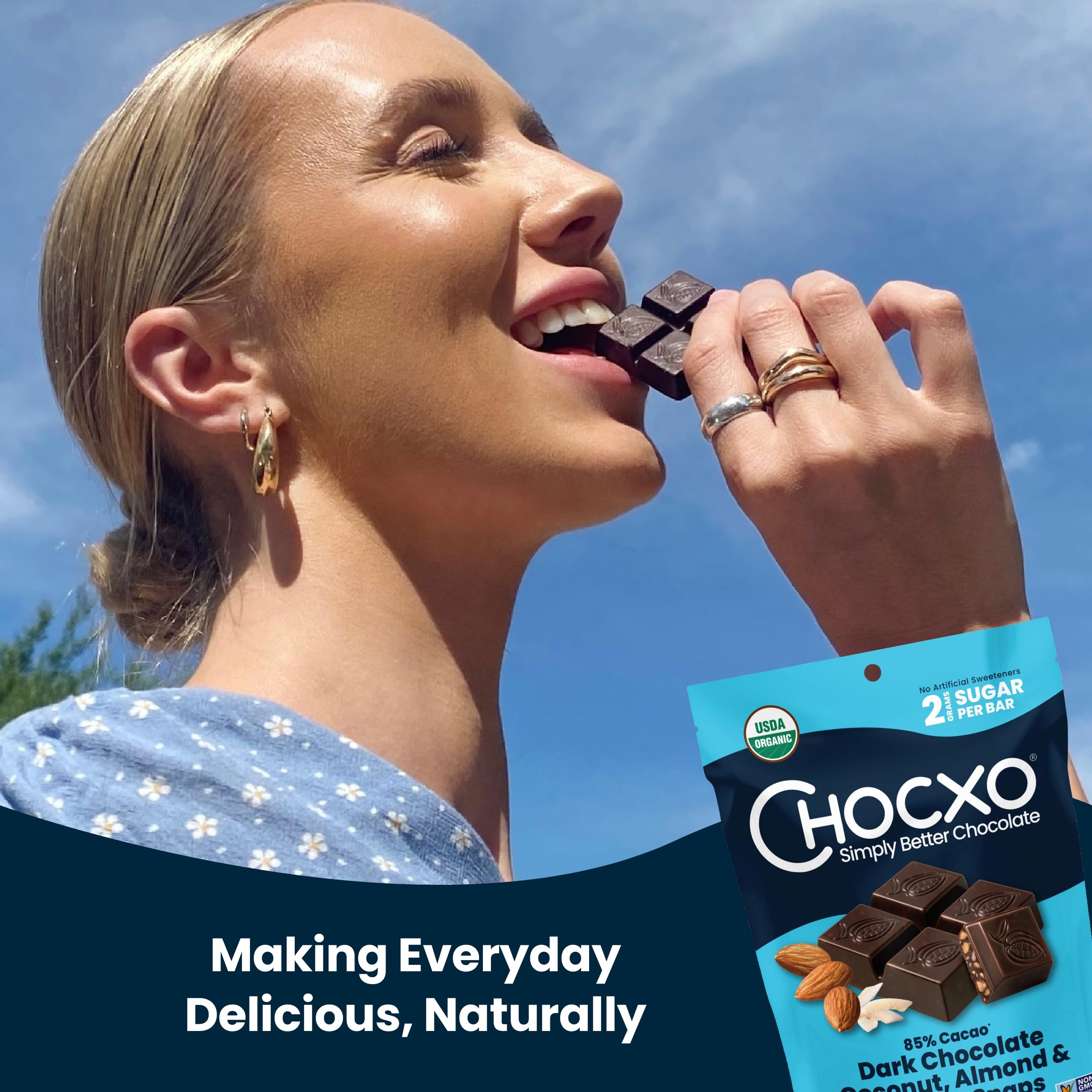 Non-GMO, organic ingredients support a clean chocolate experience.