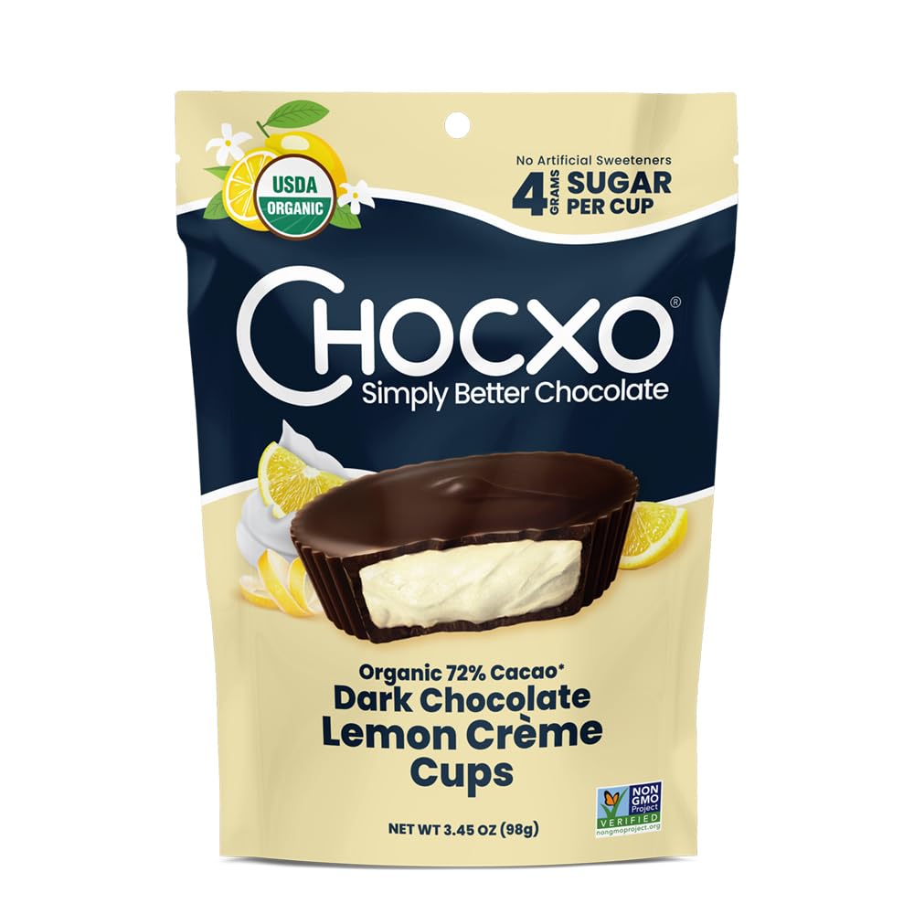 CHOCXO Organic Dark Lemon Creme Cups packshot highlights rich cocoa with bright lemon creme, ideal for after-dinner treat