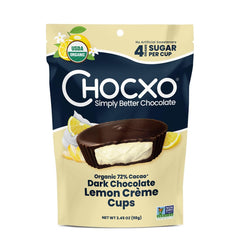 CHOCXO Organic Dark Lemon Creme Cups packshot highlights rich cocoa with bright lemon creme, ideal for after-dinner treat