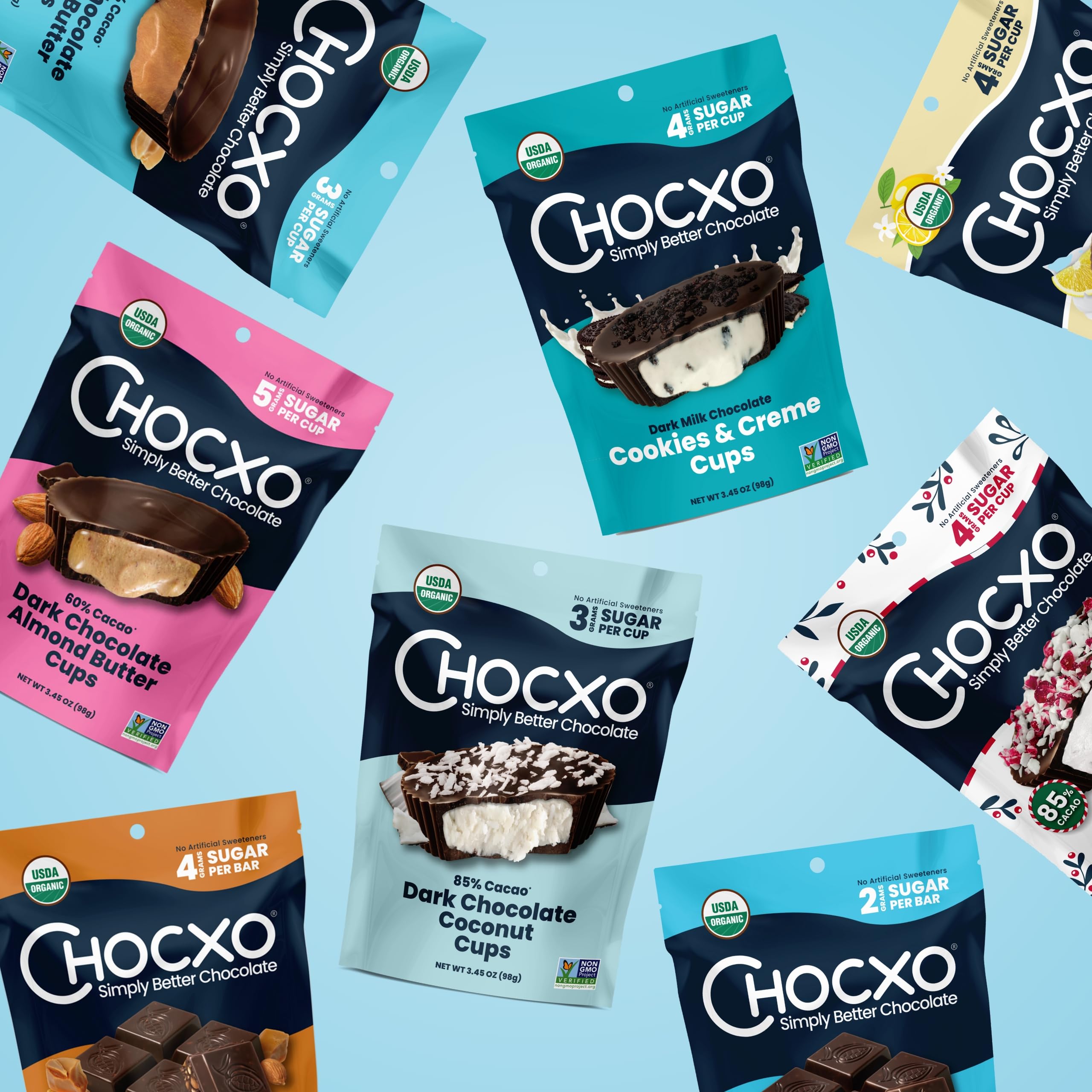 Organic, non-GMO, kosher certification labels on ChocXO packaging.