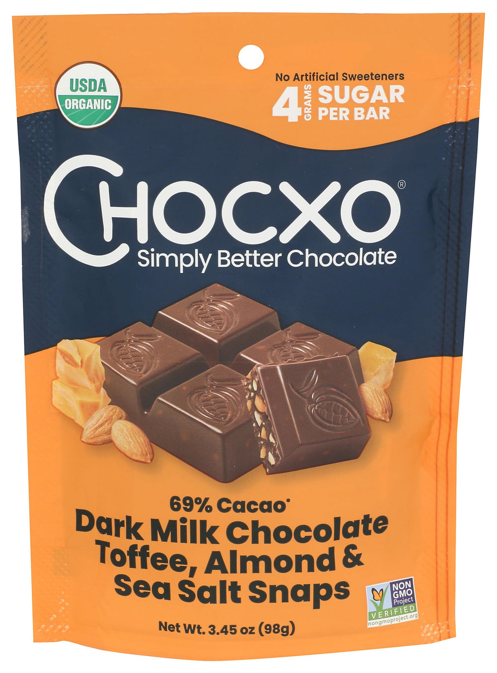 ChocXO Snaps dark milk toffee almond 69% chocolate pack shot highlights organic ingredients and balance.
