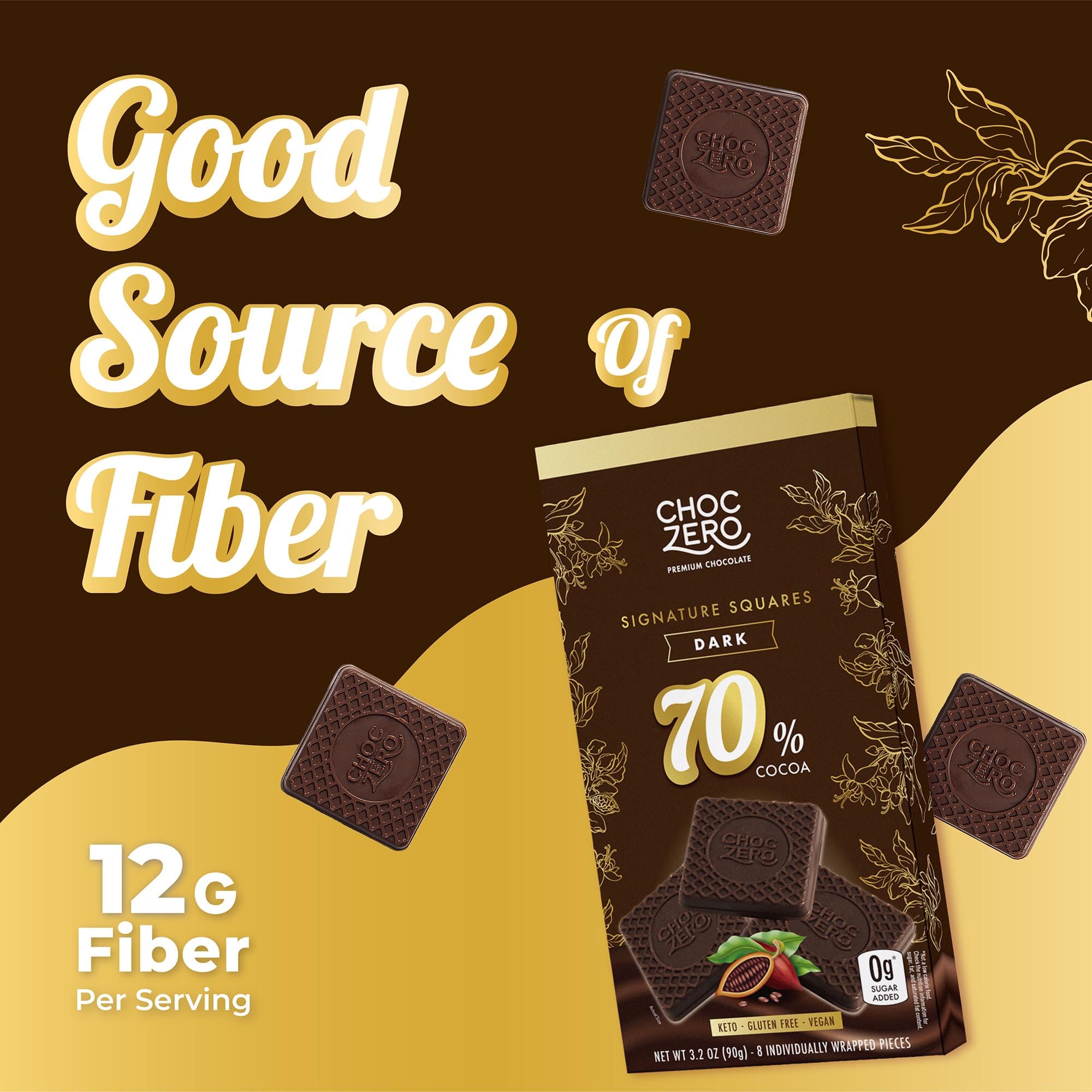 ChocZero 70% squares ingredients reveal monk fruit sweetener for sugar-free snacking