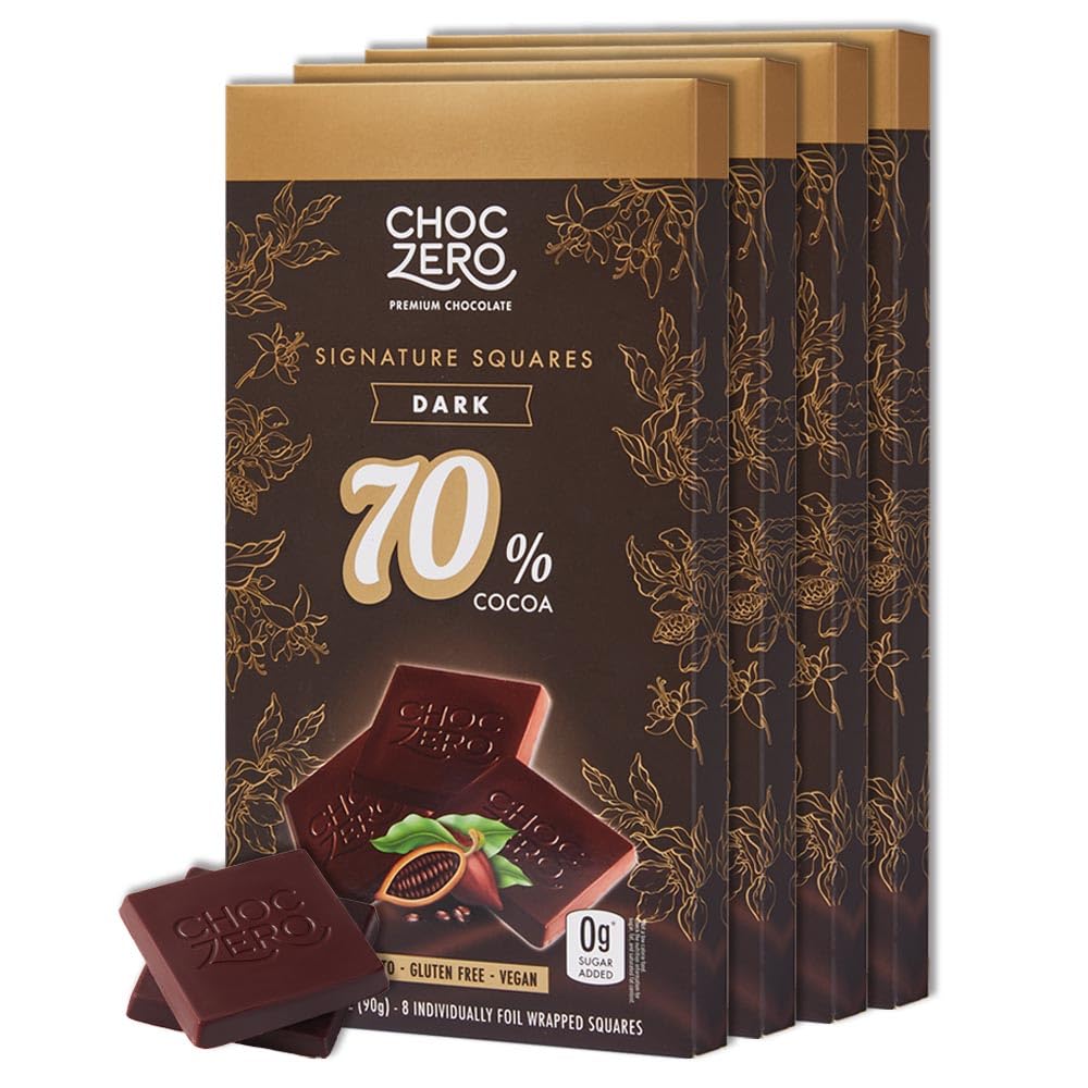 ChocZero 70% dark chocolate squares package front with keto-friendly badge