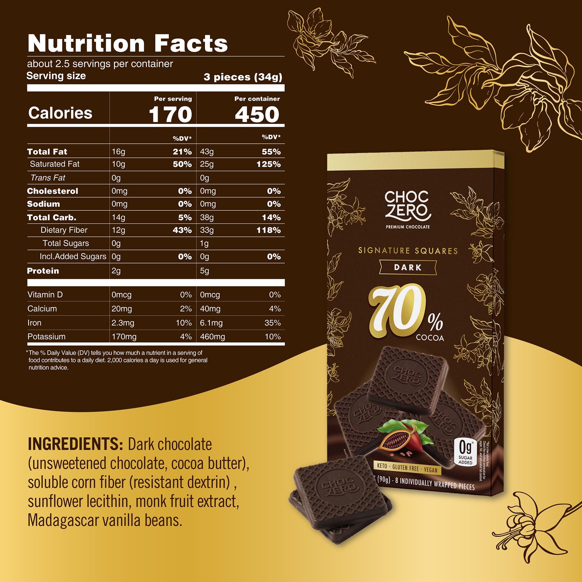 ChocZero 70% square unwrapped close-up highlighting rich cocoa texture for desserts