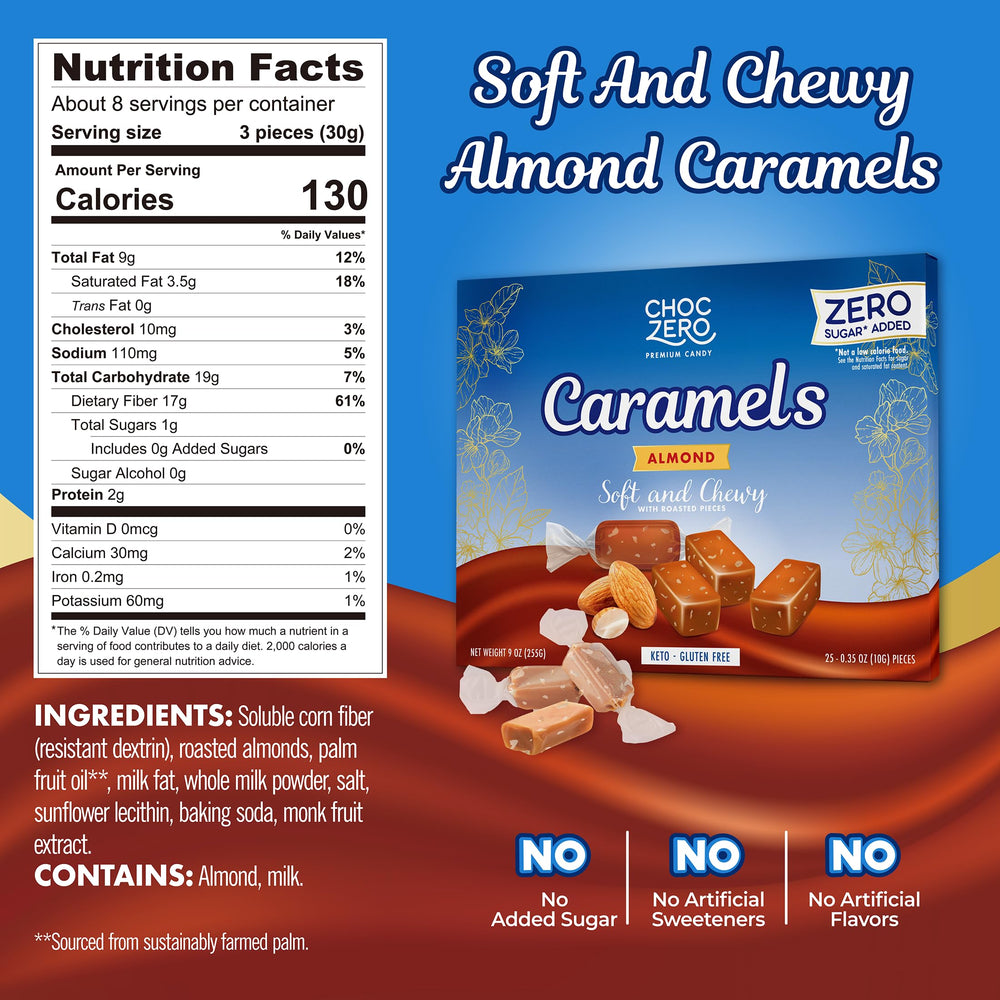 ChocZero almond caramels show roasted almonds for a crunchy bite in a keto treat.