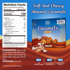 ChocZero almond caramels show roasted almonds for a crunchy bite in a keto treat.
