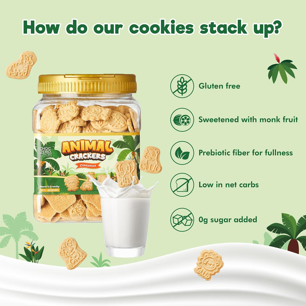 ChocZero Animal Crackers Cinnamon resealable tub with 24-cookie servings for portion control.