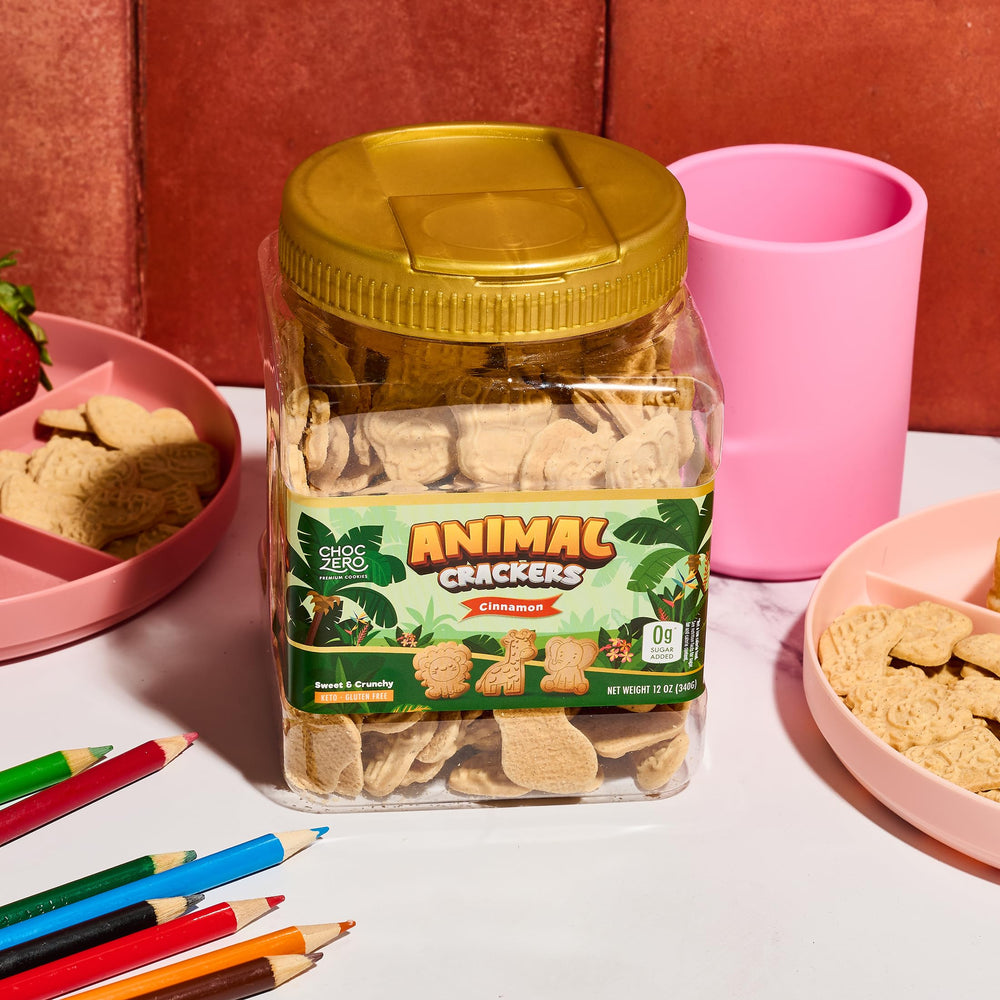 ChocZero Animal Crackers Cinnamon serving size illustration highlighting 24 cookies per portion.