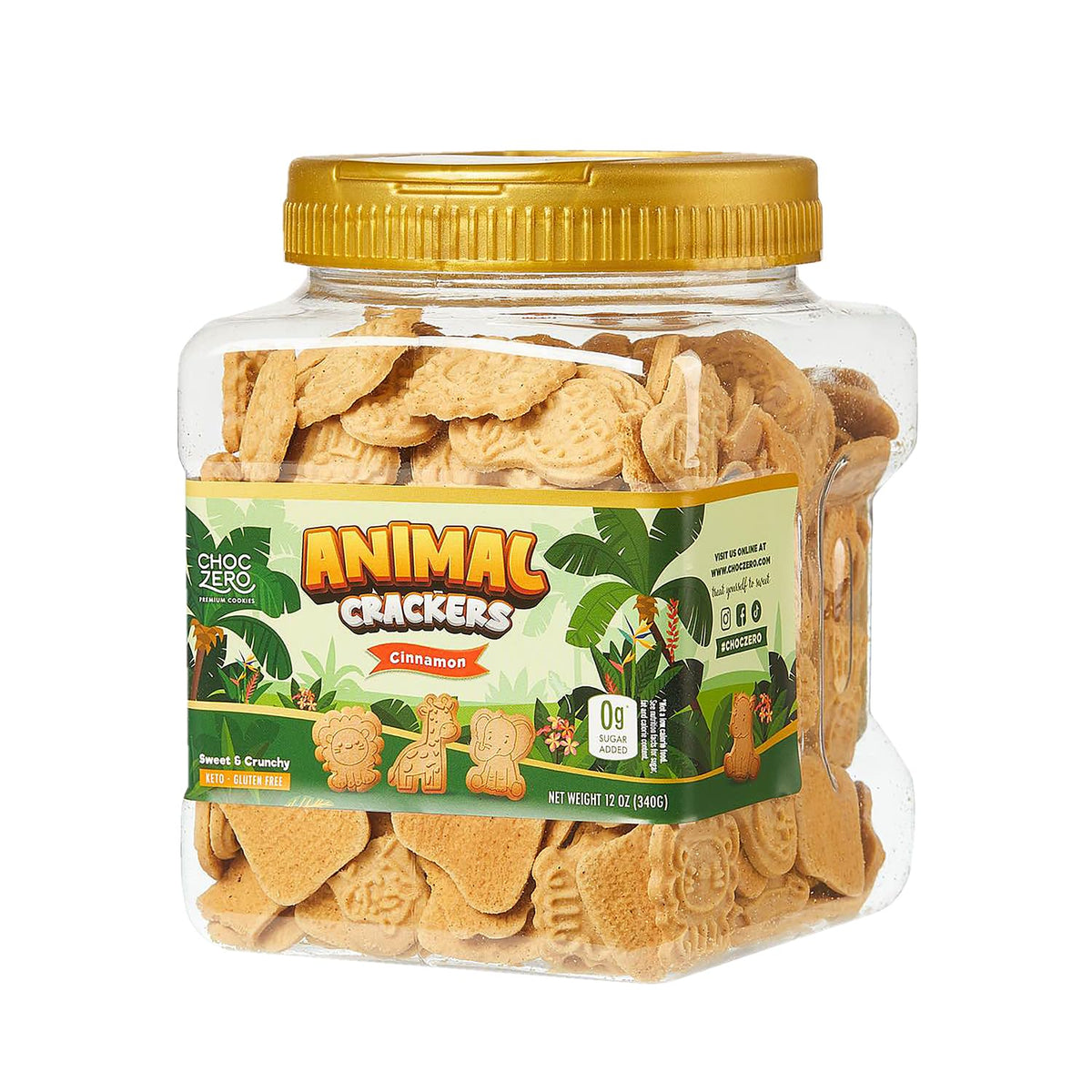 ChocZero Animal Crackers Cinnamon cookies in a resealable tub for gluten-free, low-carb snacking.