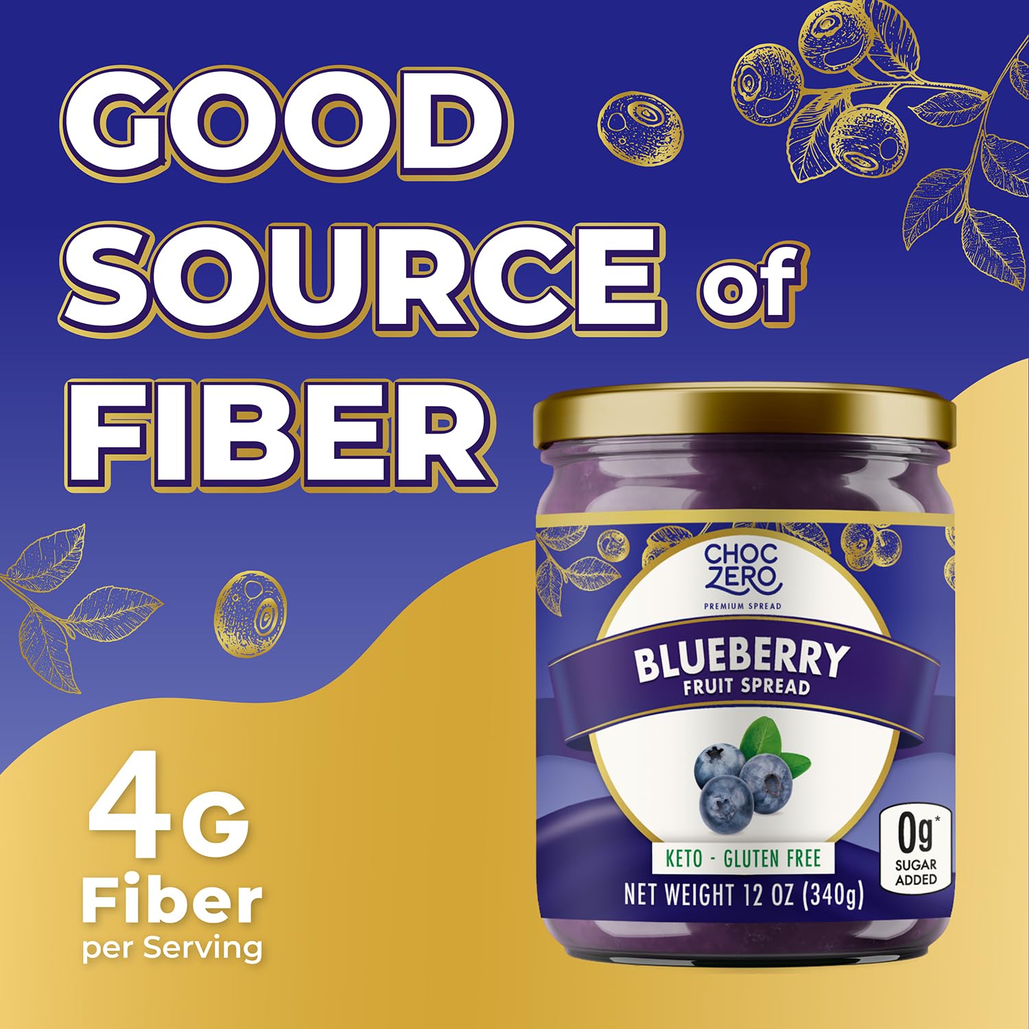 ChocZero spread with a spoon illustrating 4 g fiber per serving.