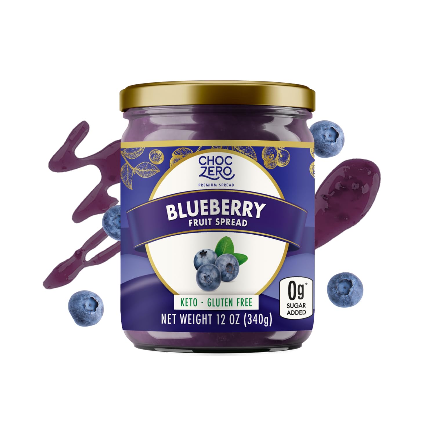 ChocZero blueberry spread jar close-up shows natural color and no artificial dyes.