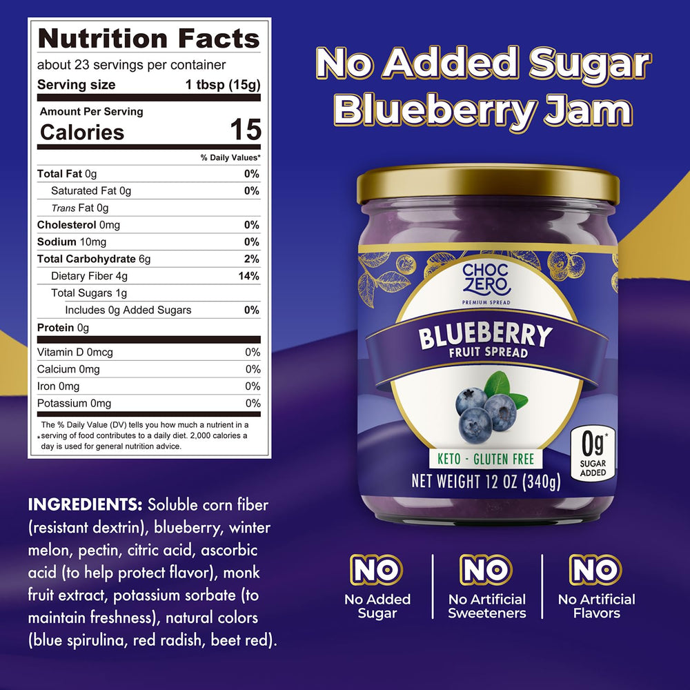 ChocZero blueberry spread label highlights monk fruit sweetness and keto-friendly branding.