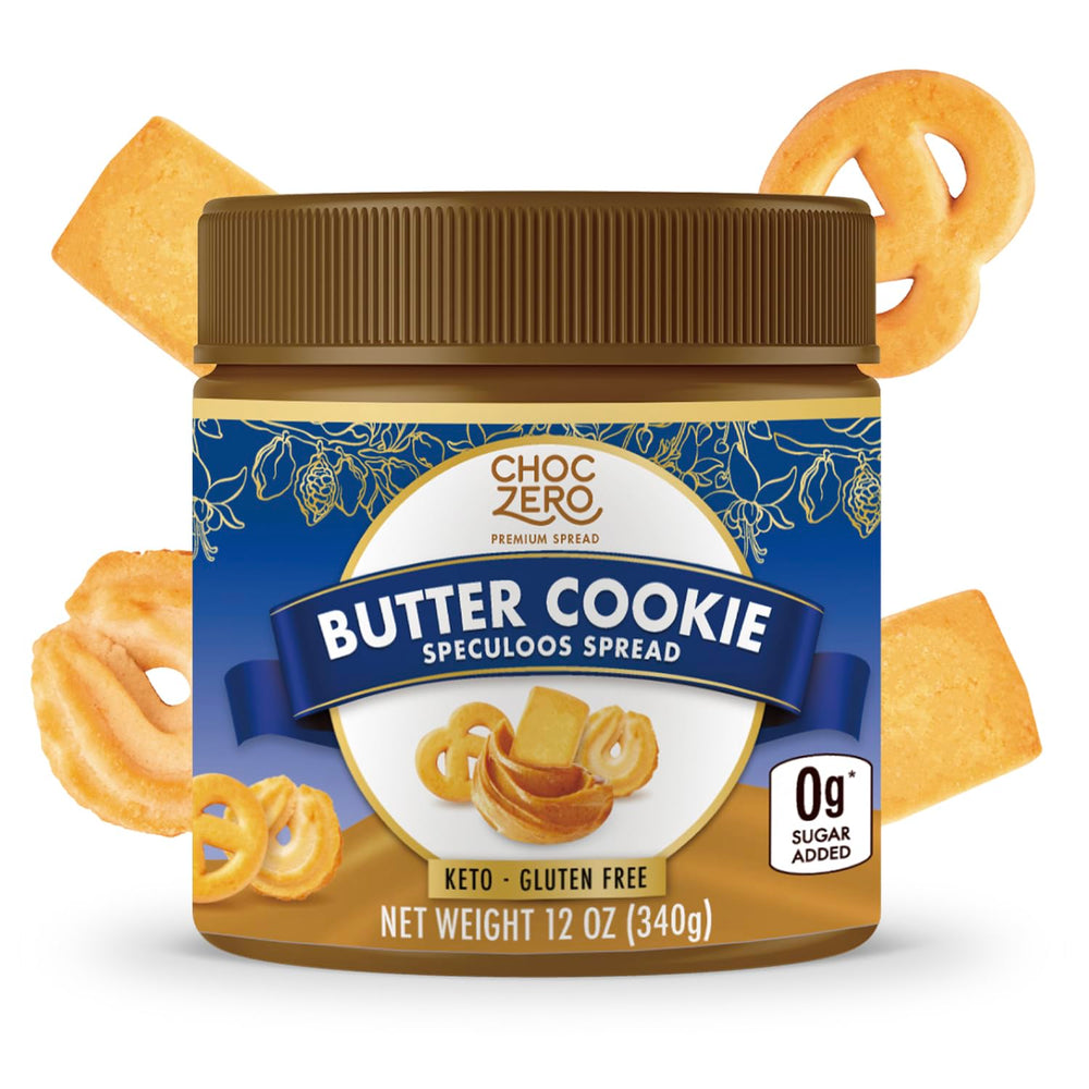 ChocZero Butter Cookie Spread in a jar showing creamy texture and no added sugar