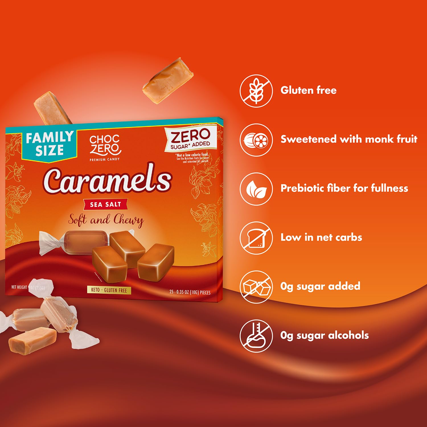 ChocZero caramels melting into a silky salted caramel sauce.