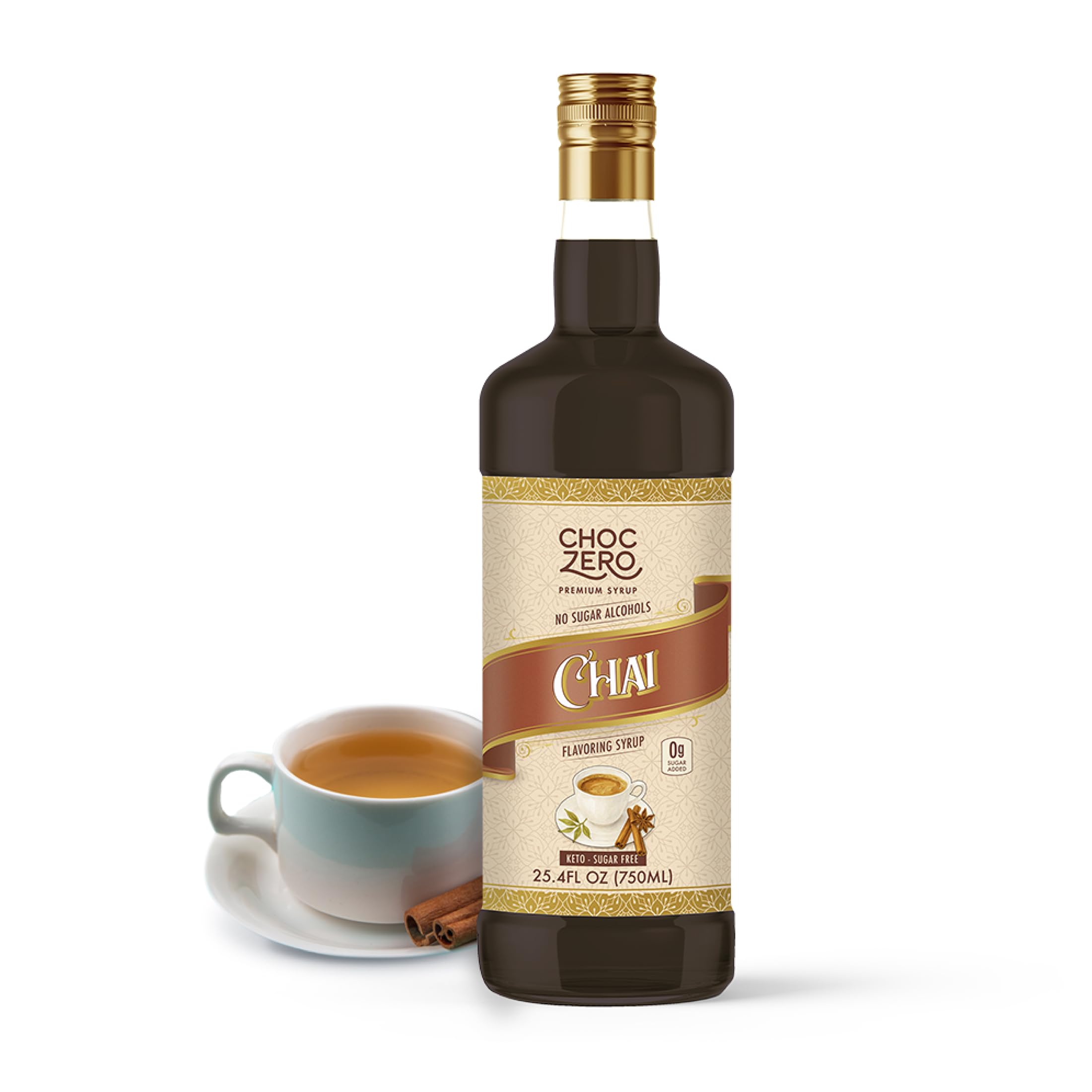 ChocZero Chai Flavoring Syrup bottle front, sugar-free spice for chai lovers.