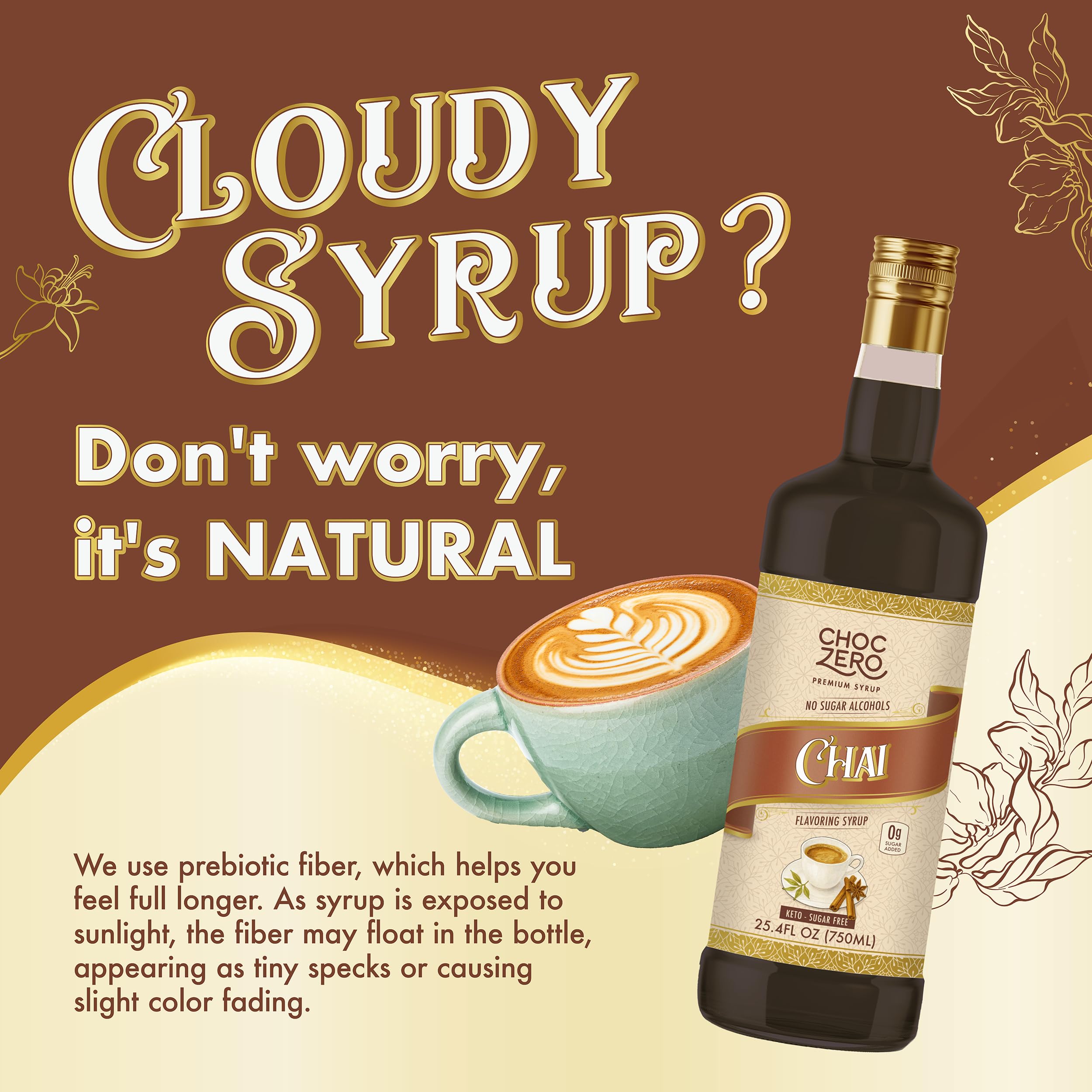 ChocZero Chai Flavoring Syrup added to a coffee cup for flavor boost.