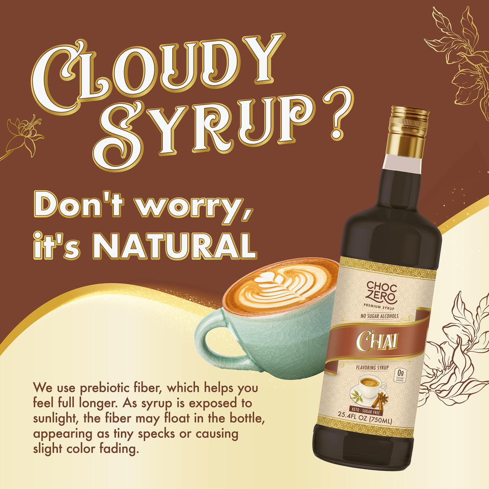 ChocZero Chai Flavoring Syrup added to a coffee cup for flavor boost.