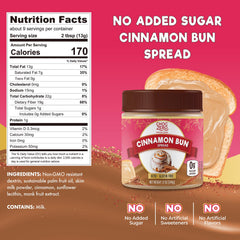 ChocZero Cinnamon Bun Spread jar side, no artificial ingredients.