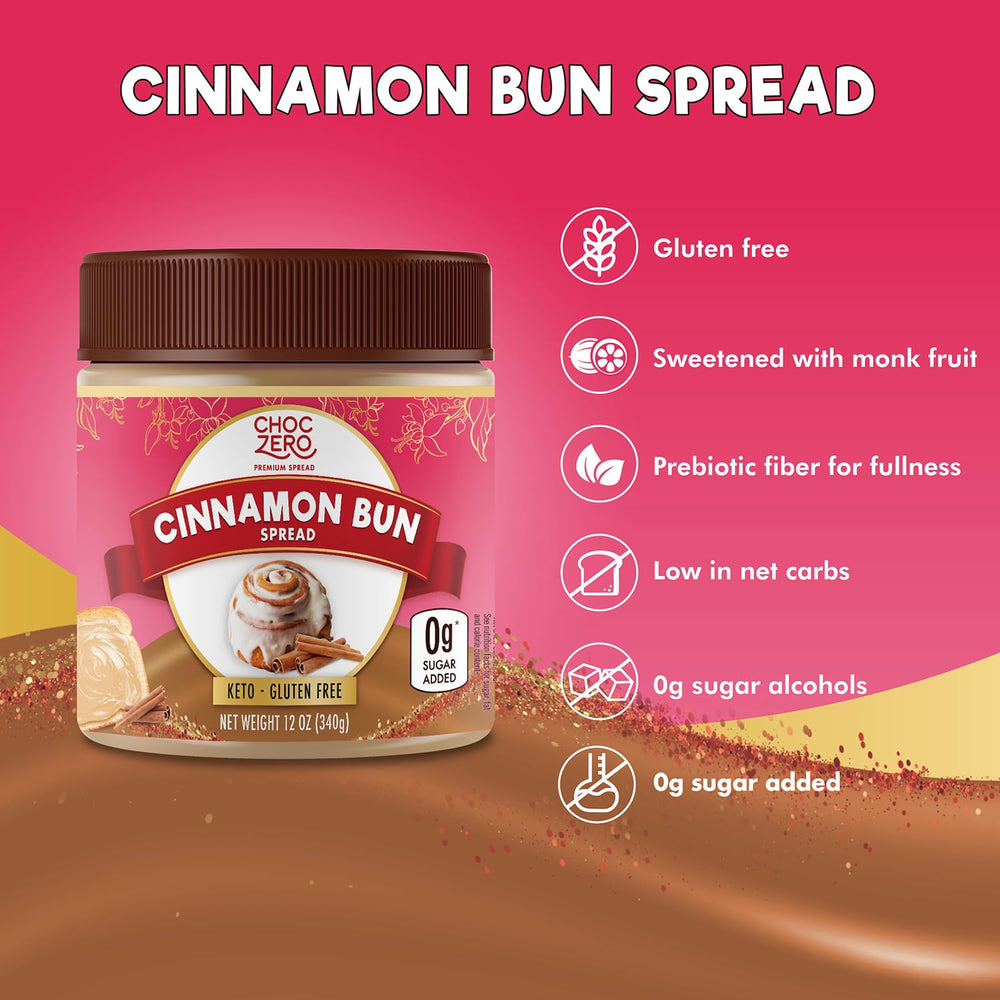 ChocZero Cinnamon Bun Spread spoon shot, creamy cinnamon flavor ready to enjoy.