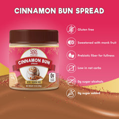 ChocZero Cinnamon Bun Spread spoon shot, creamy cinnamon flavor ready to enjoy.