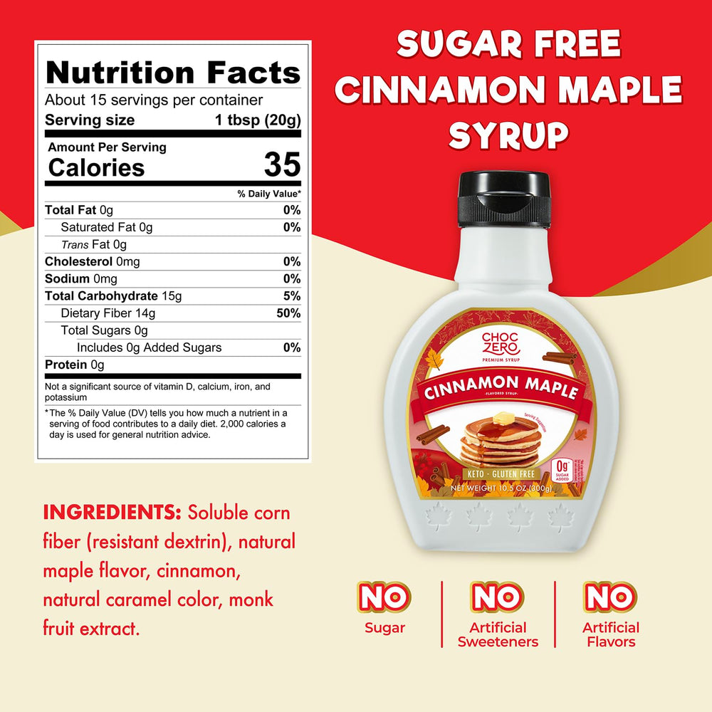 Close-up of ChocZero Cinnamon Maple Syrup bottle highlighting thick texture.