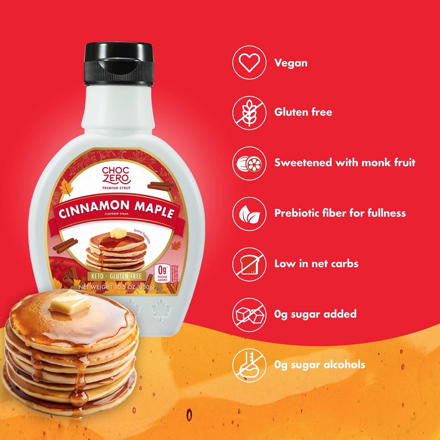 ChocZero Cinnamon Maple Syrup poured over fluffy pancakes for a fiber-rich low-carb option.