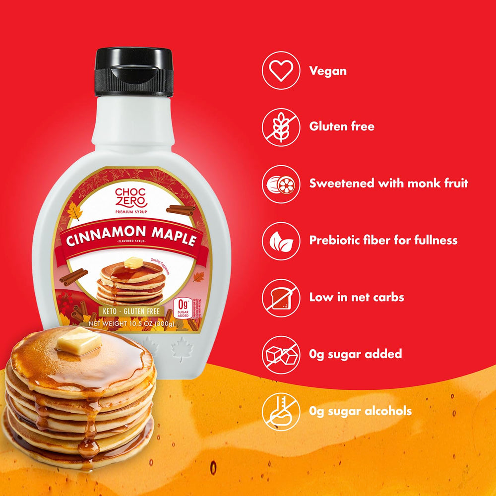 ChocZero Cinnamon Maple Syrup poured over fluffy pancakes for a fiber-rich low-carb option.