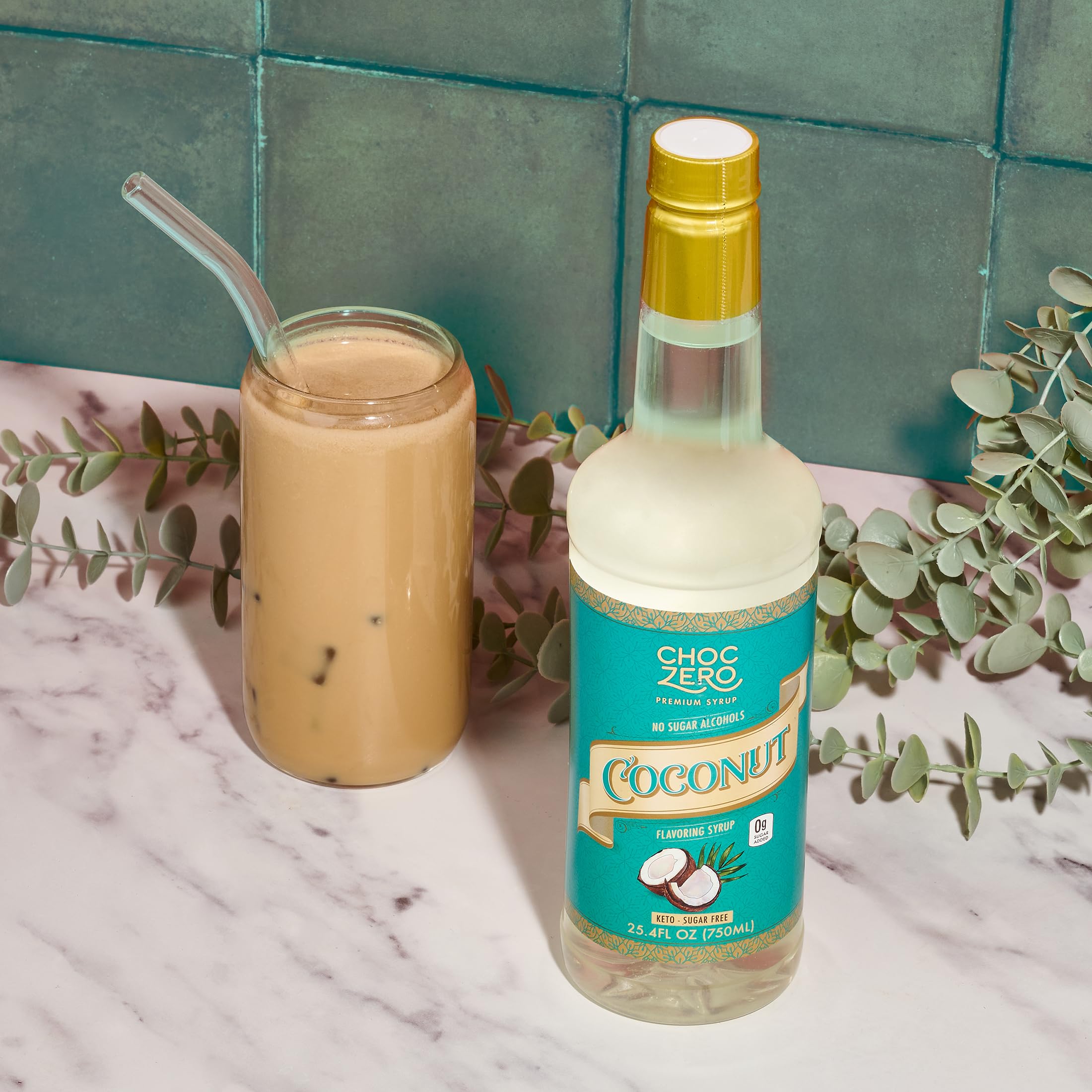 ChocZero coconut syrup in a tropical kitchen scene