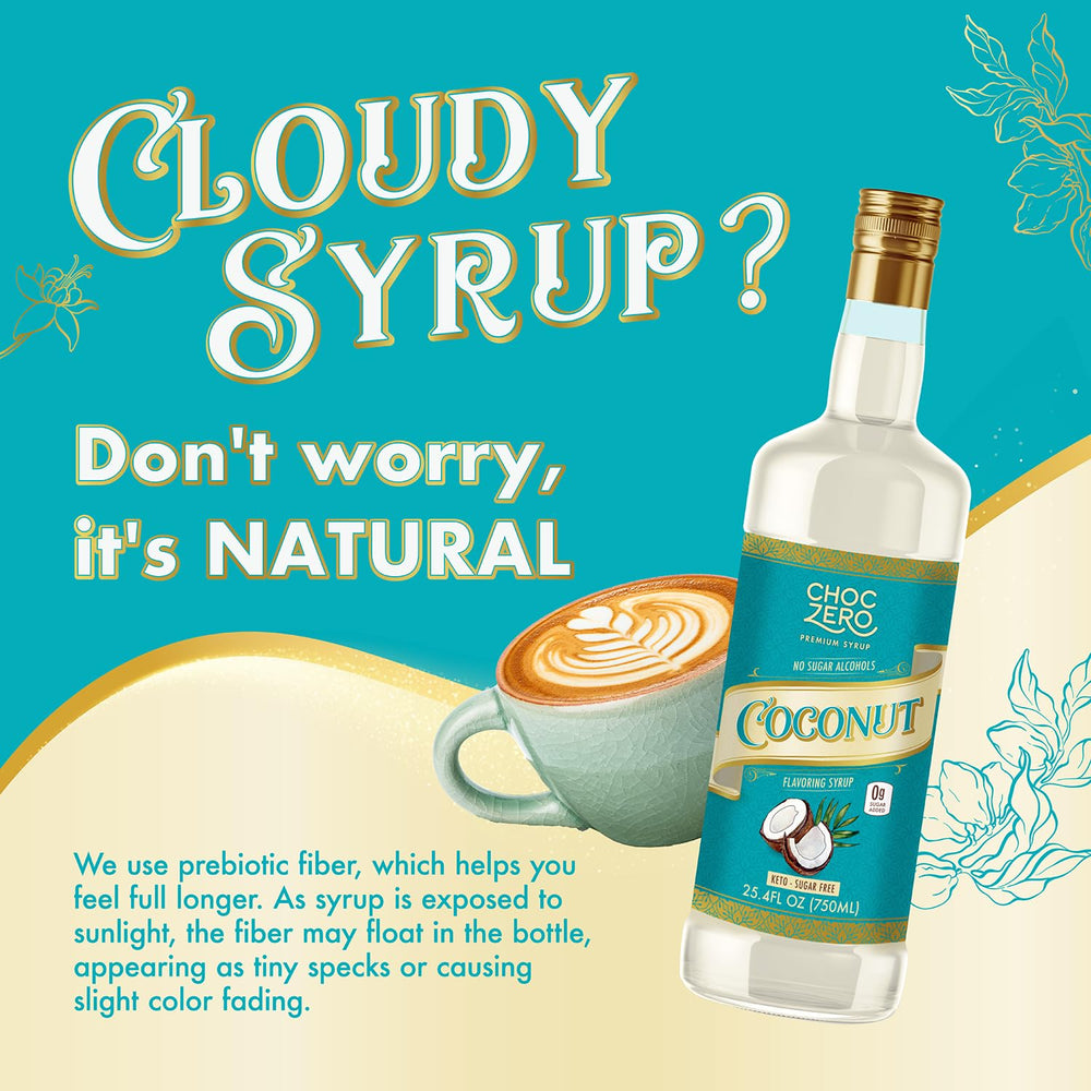 ChocZero coconut syrup bottle with label highlighting zero sugar