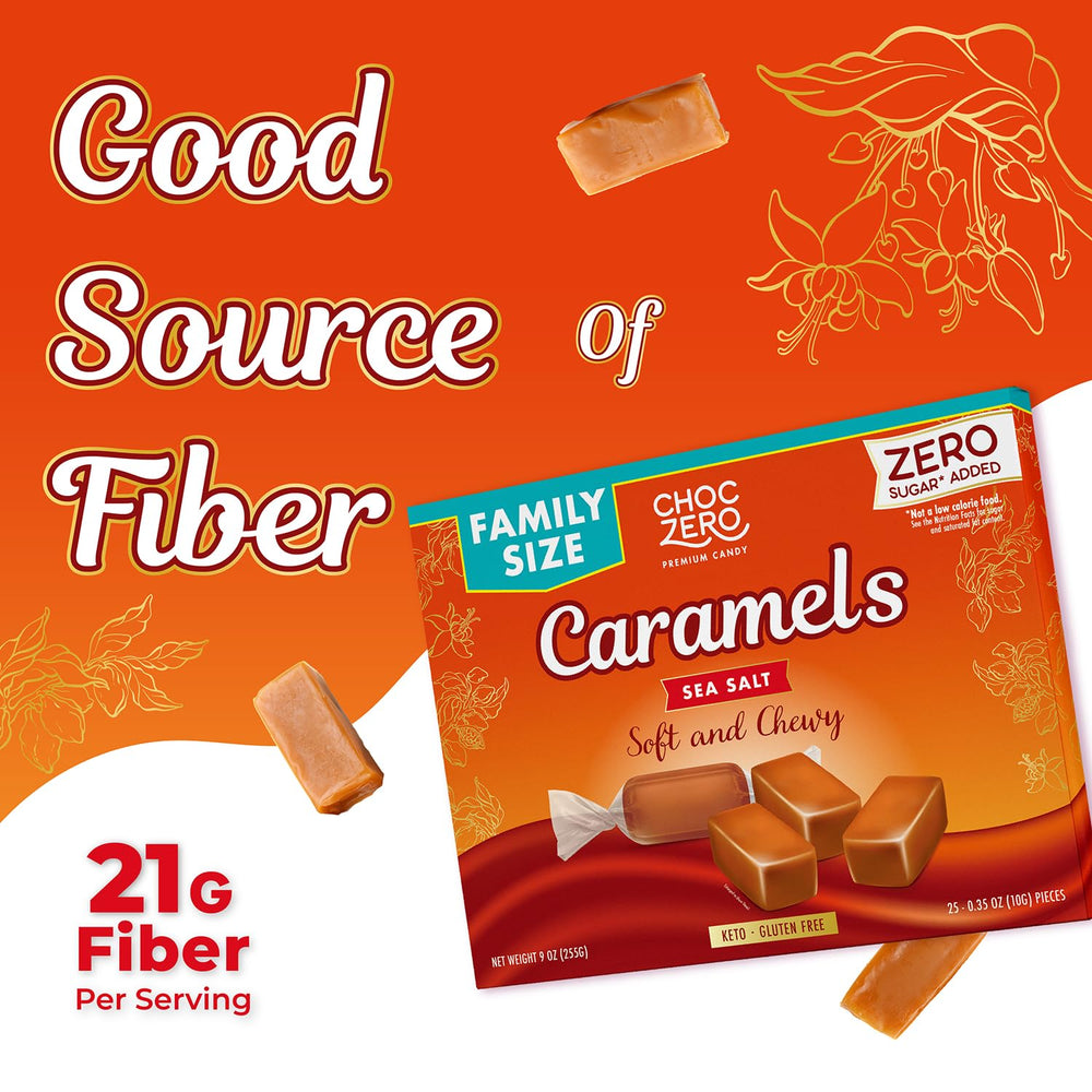 ChocZero creamy-soft caramel chews close-up highlighting texture.