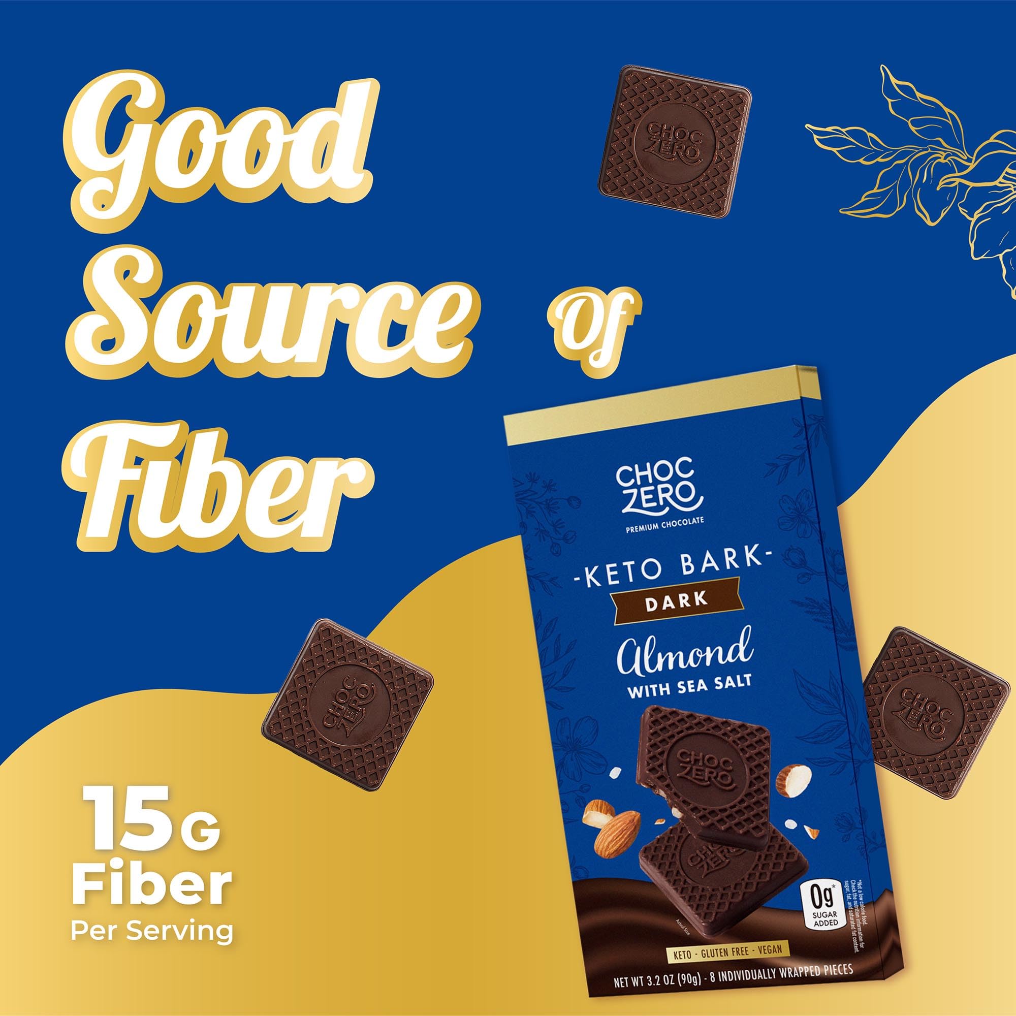 ChocZero bark almond slices highlight fiber-rich, low-carb indulgence.