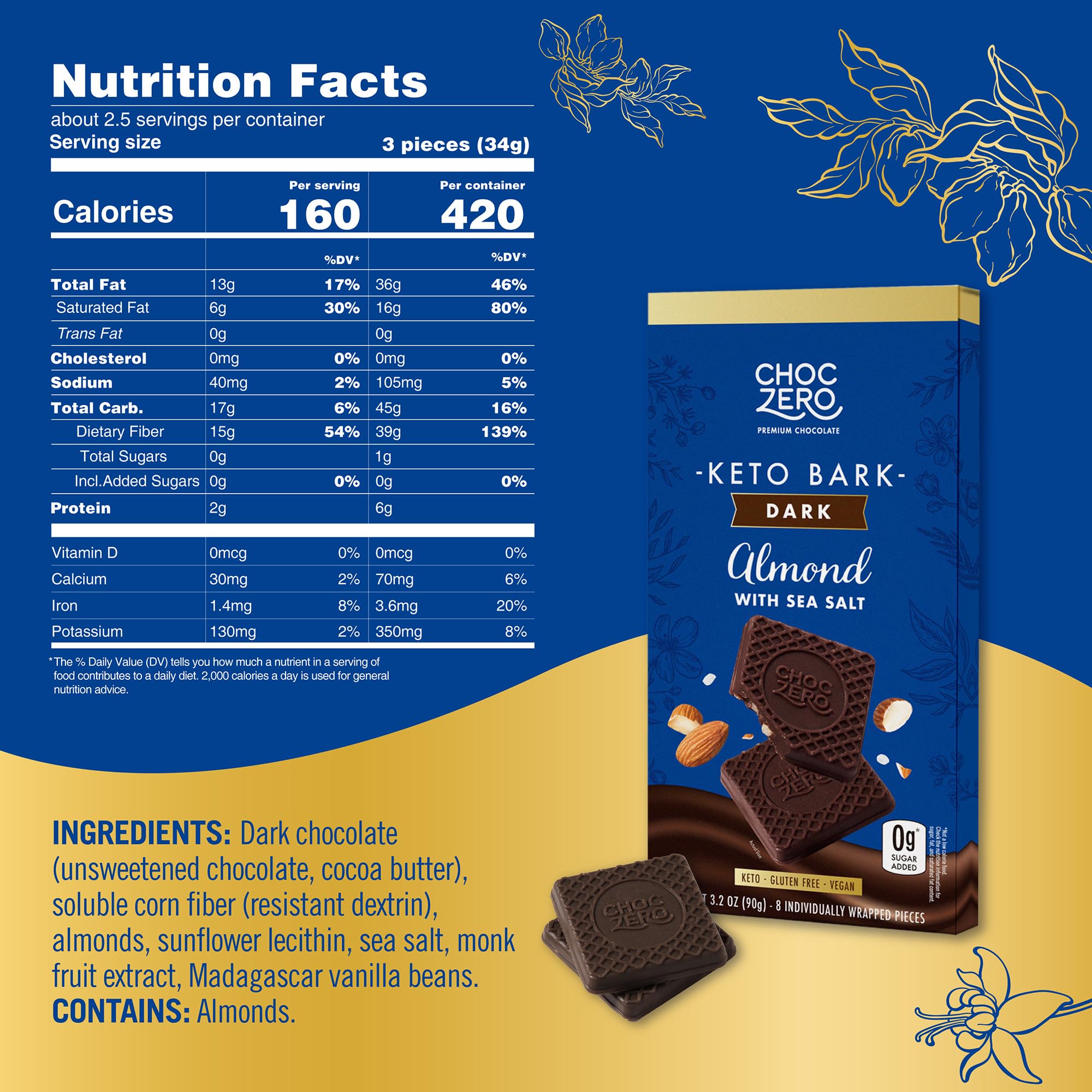 ChocZero dark chocolate almond bark closeup reveals almond pieces and sea salt for a flavorful low-sugar bite.