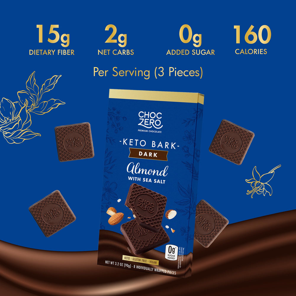 ChocZero bark ingredients panel highlights dairy-free and monk fruit sweetness.