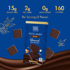 ChocZero bark ingredients panel highlights dairy-free and monk fruit sweetness.