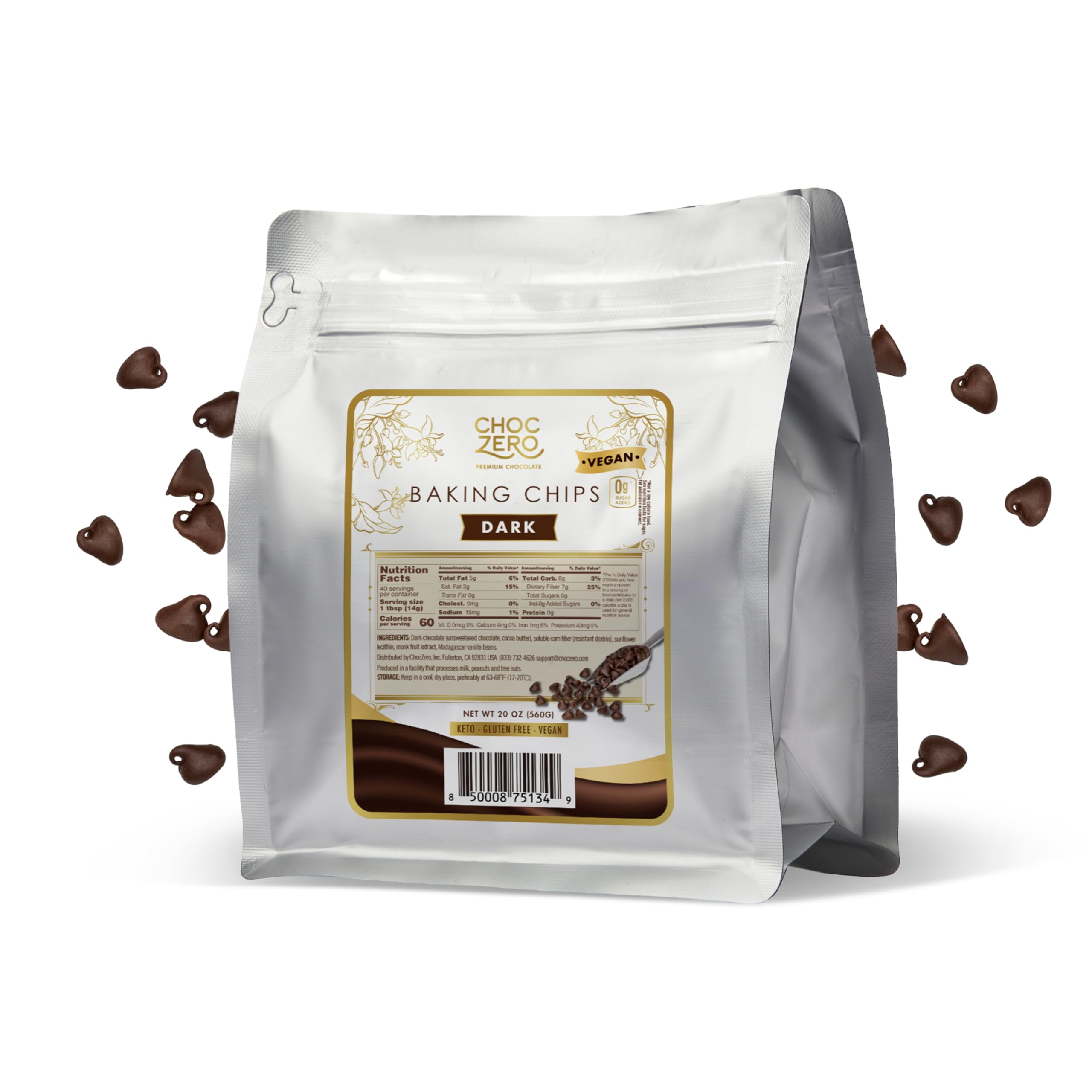 ChocZero Dark Chocolate Chips in a bag offer a sugar-free option for keto desserts.