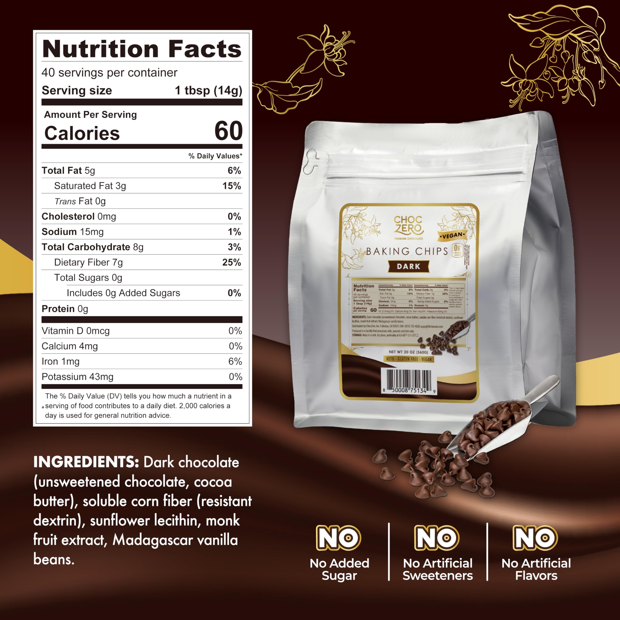 ChocZero Dark Chocolate Chips closeup highlights cocoa richness without sugar alcohols.