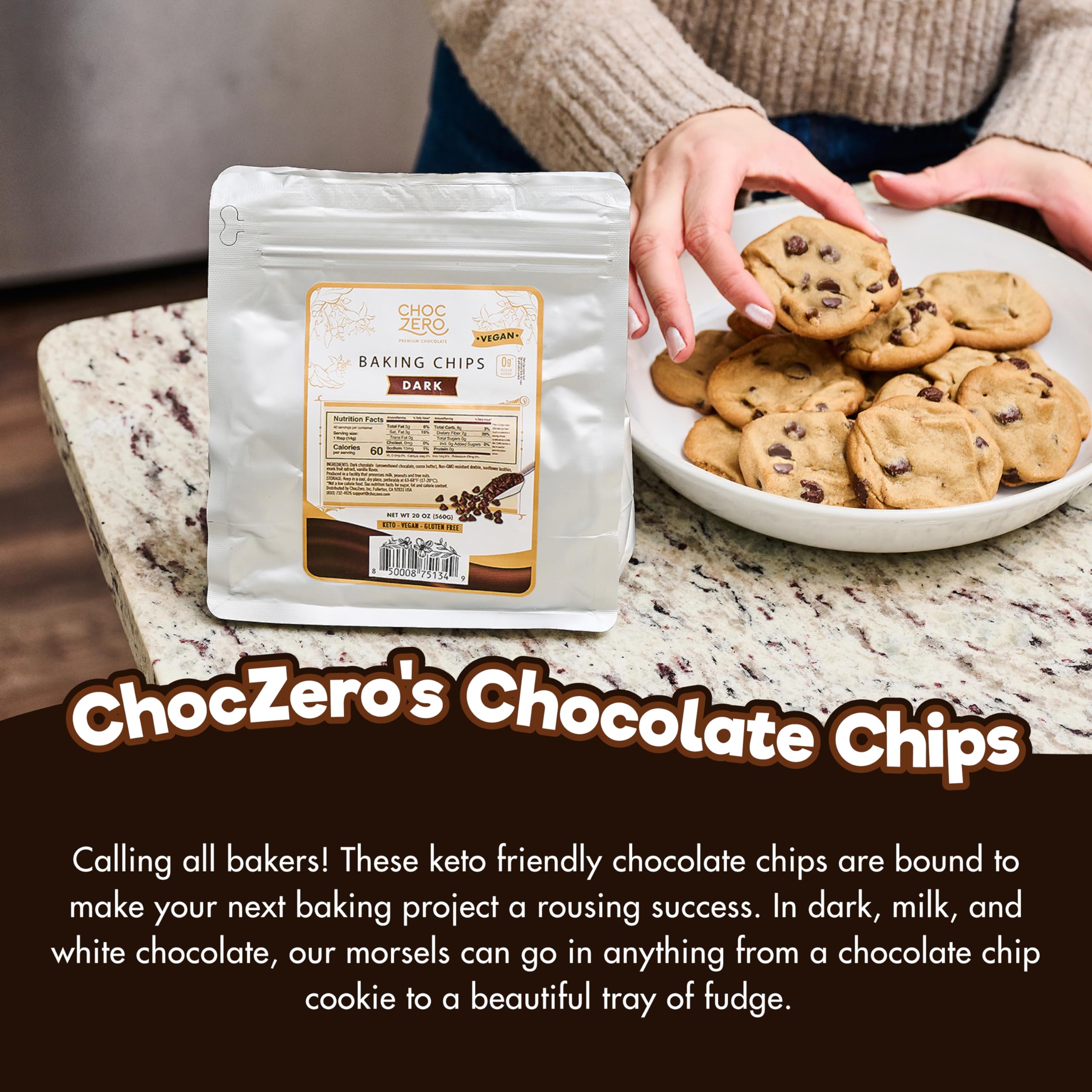 ChocZero Dark Chocolate Chips in a bowl ideal for baking.