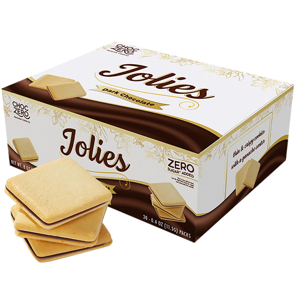 ChocZero Dark Chocolate Jolies box front showing gluten-free keto cookies ready for a snack