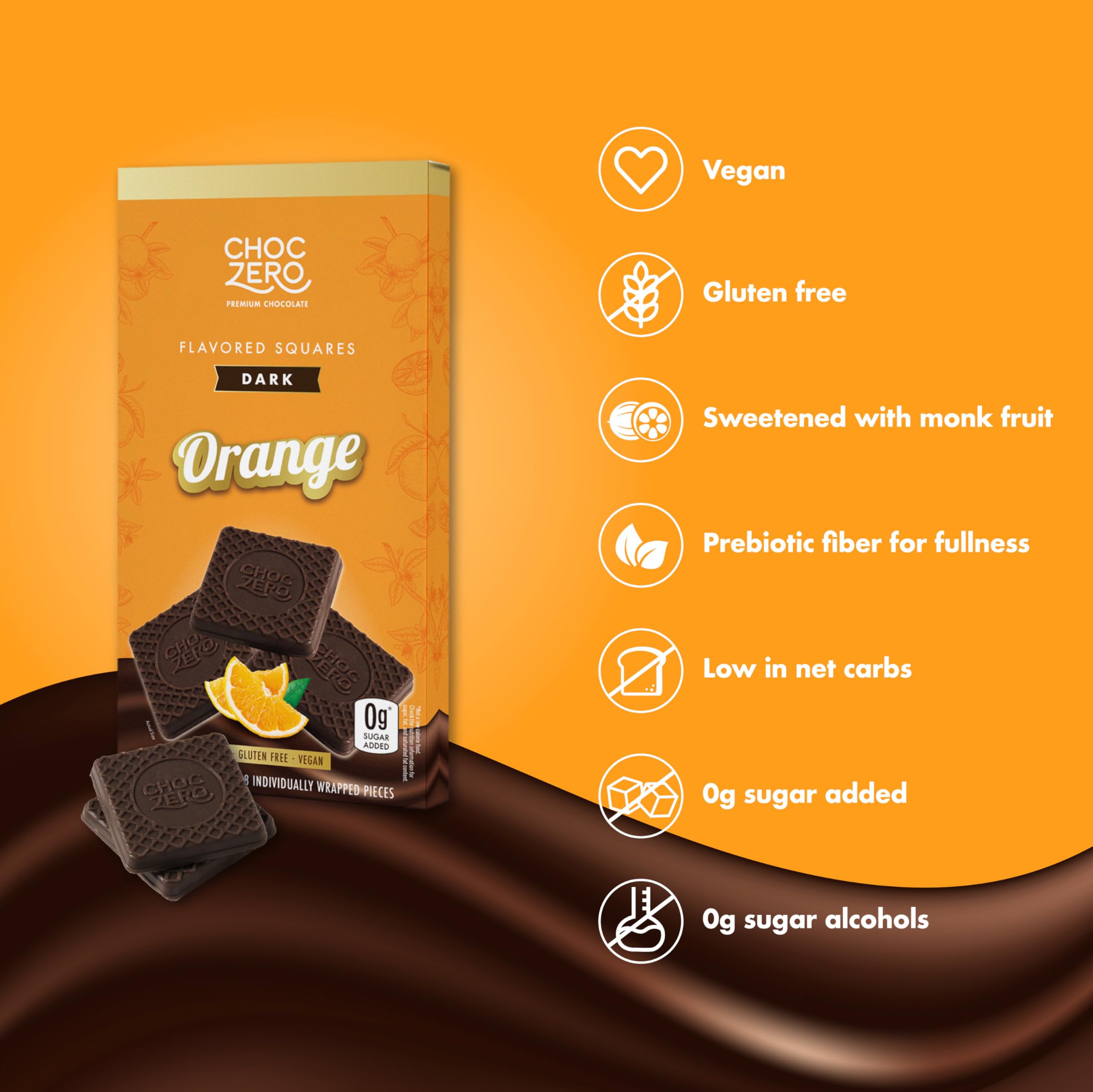 ChocZero Dark Chocolate Orange Squares nutrition label highlights 0g sugar and 5g fiber