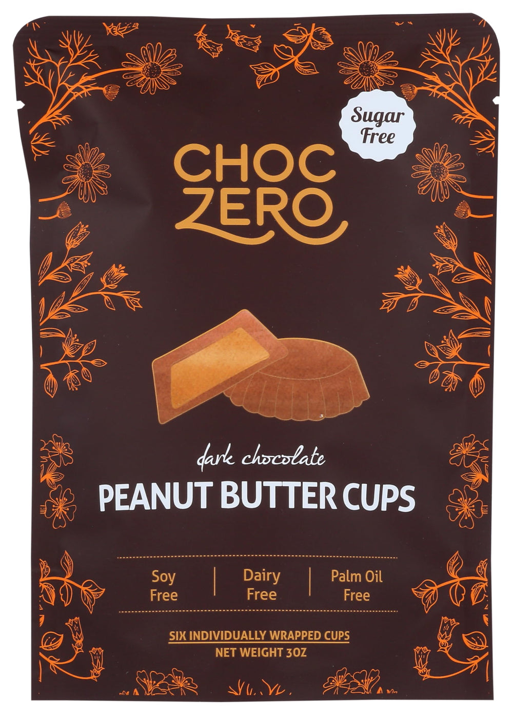 ChocZero dark chocolate peanut butter cups pack showing premium 55% cacao and low net carbs.