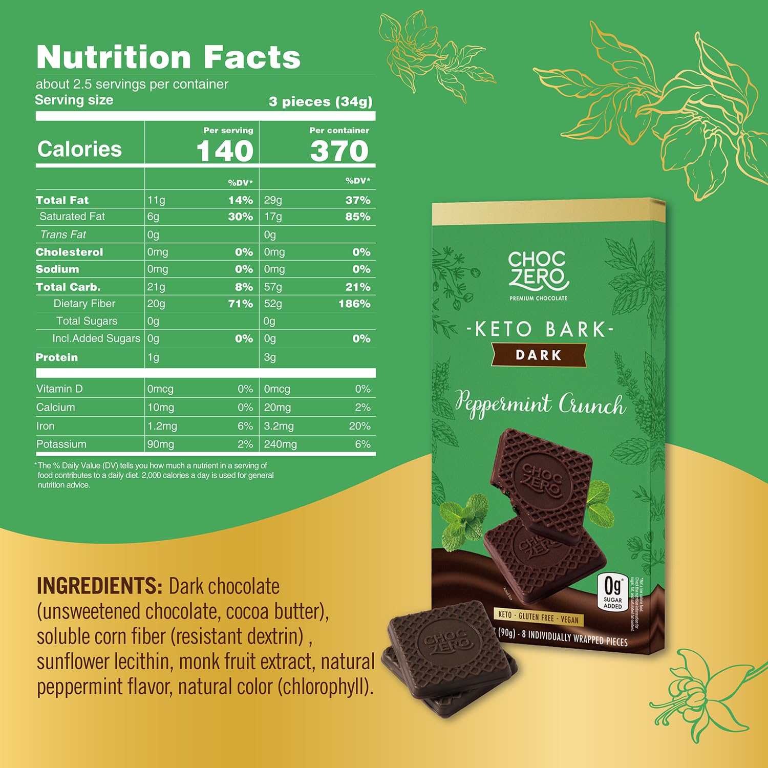 ChocZero bark bars closeup with mint flavor and keto-friendly snacking