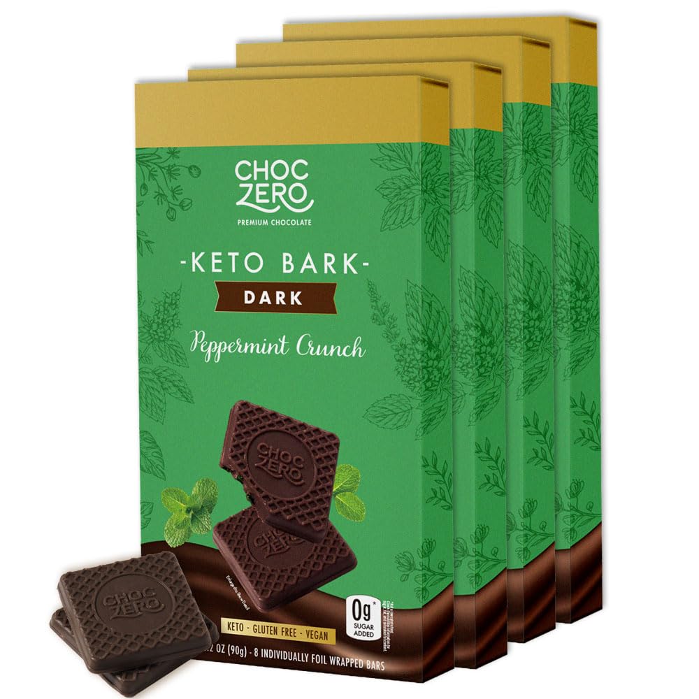 ChocZero dark chocolate peppermint crunch bark box front showing keto-friendly treat