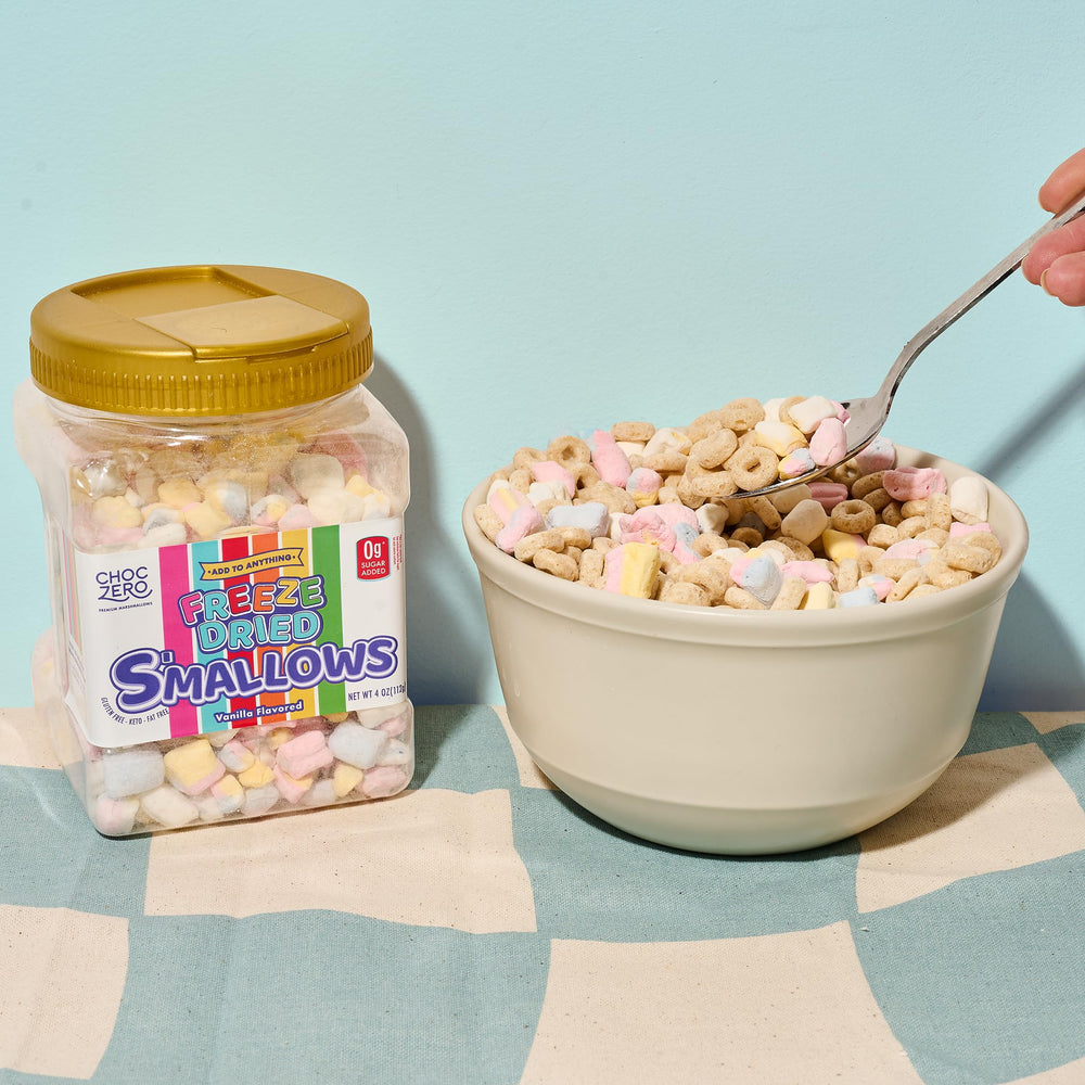 ChocZero packaging showing zero sugar added marshmallow bits.