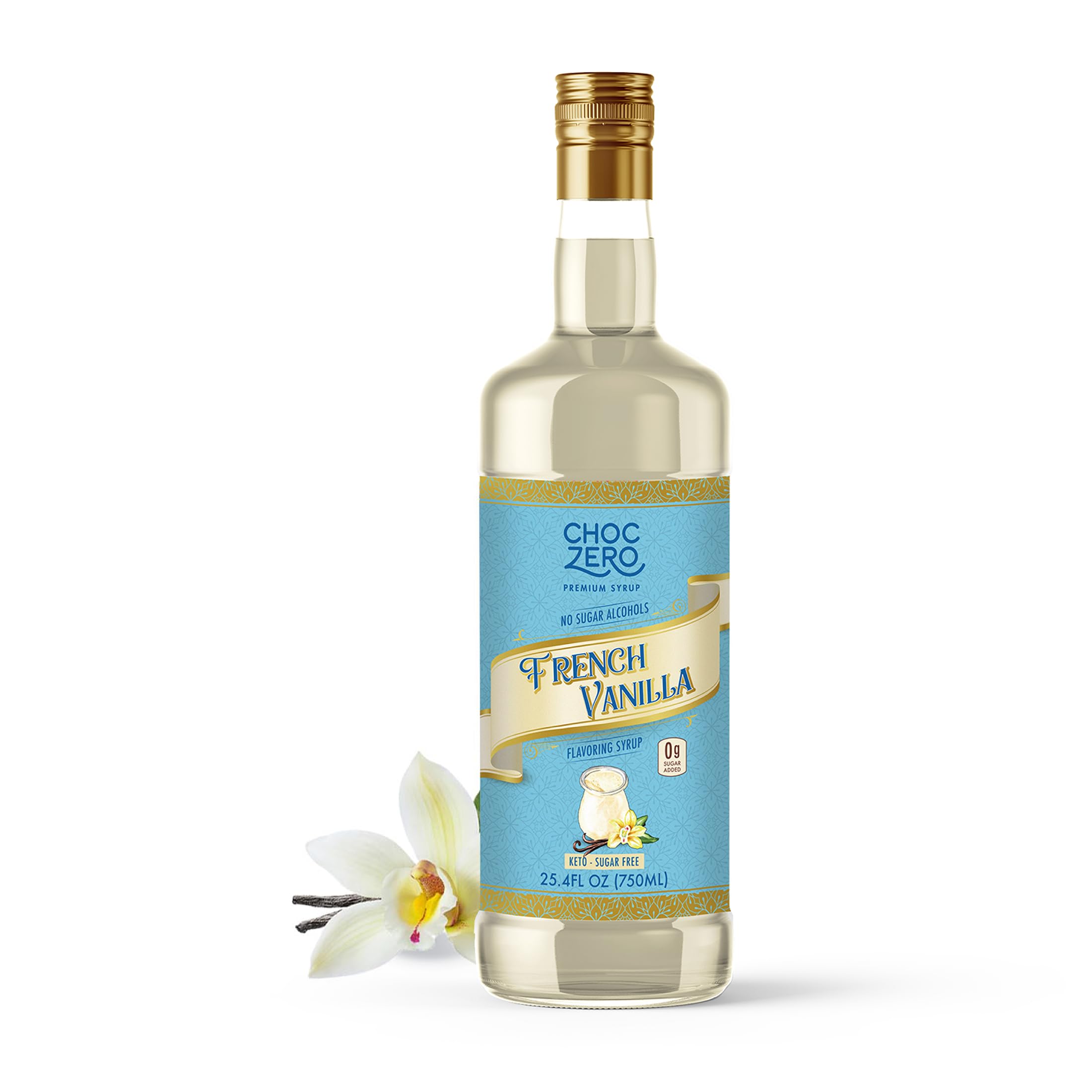 ChocZero French Vanilla Coffee Syrup bottle with rich vanilla aroma for keto-friendly beverages.