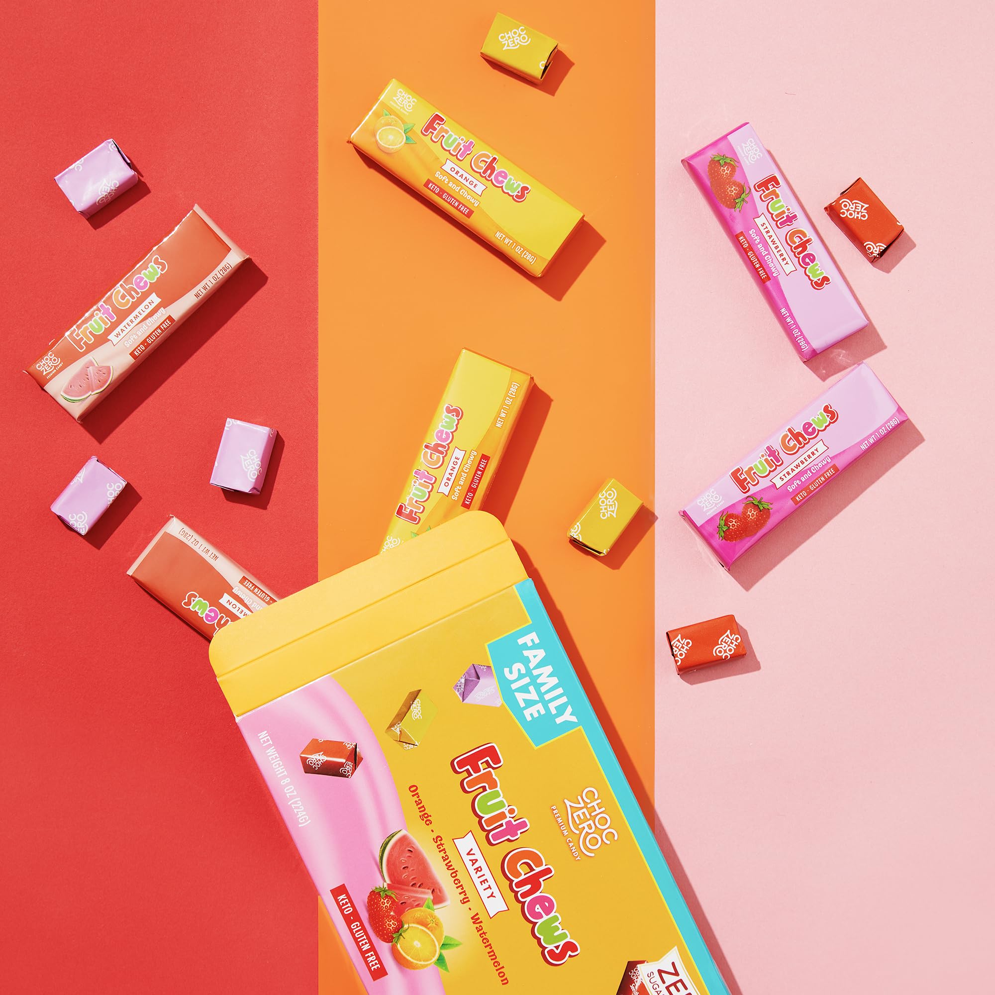 Gluten-free label visible on ChocZero fruit chews packaging