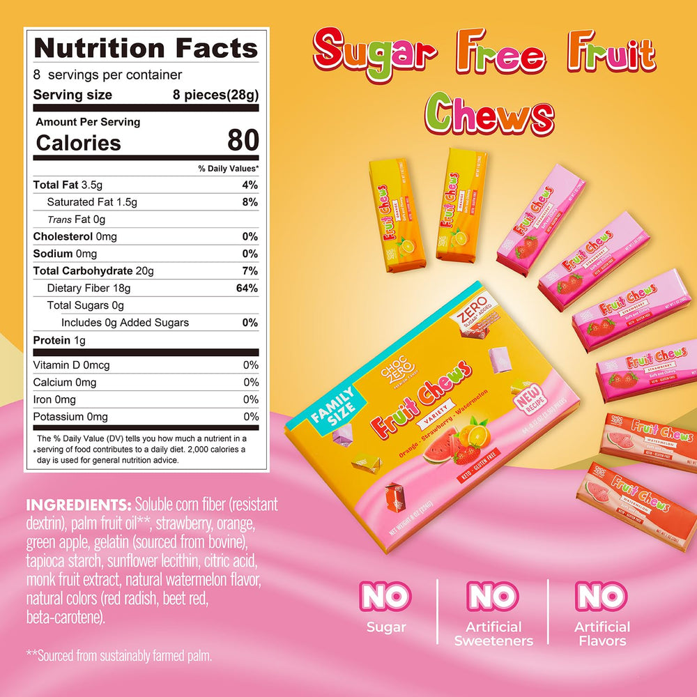 Unwrapped ChocZero fruit chew close-up shows soft, gummy texture