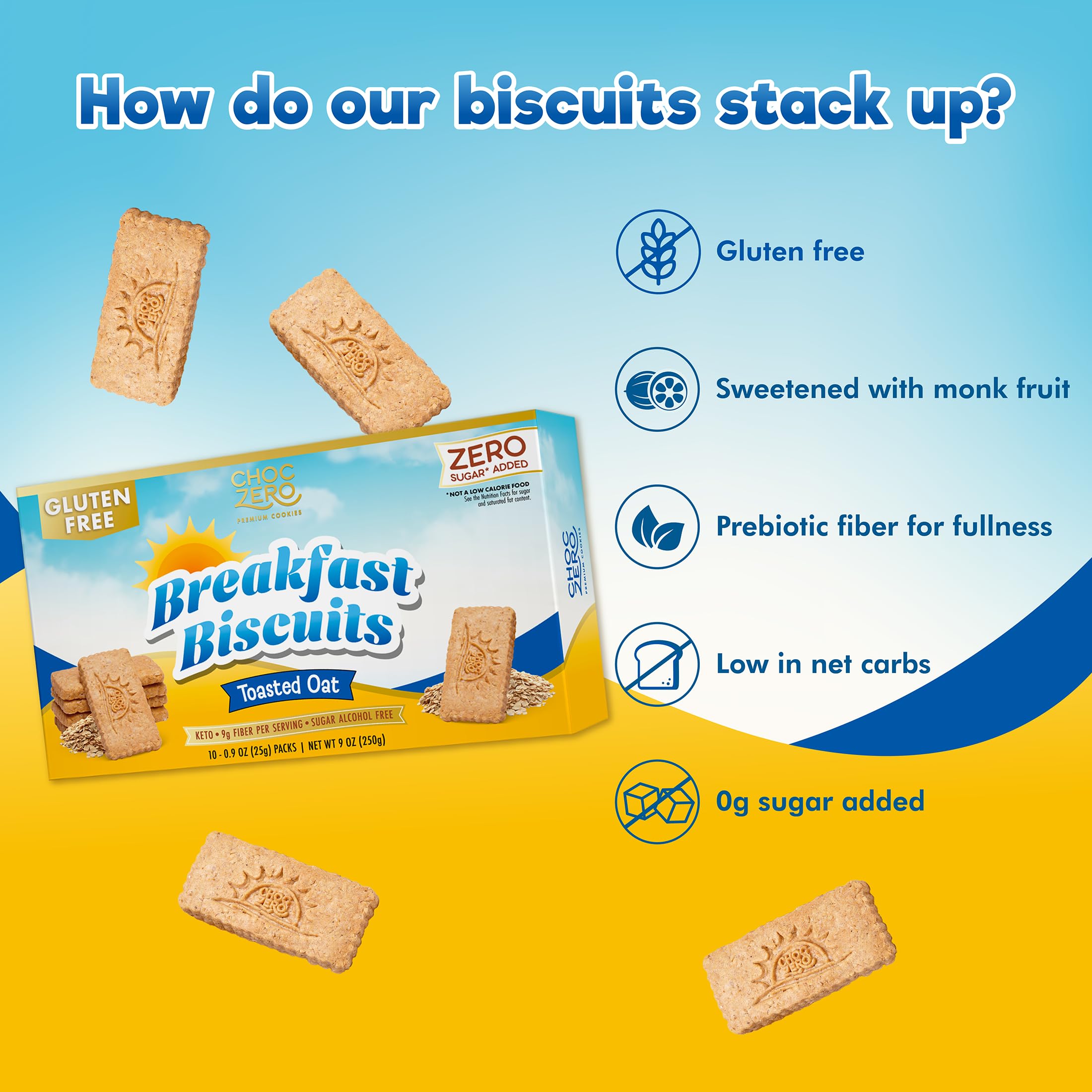 ChocZero gluten-free toasted oat breakfast biscuits on a tray, celiac-friendly crunch.