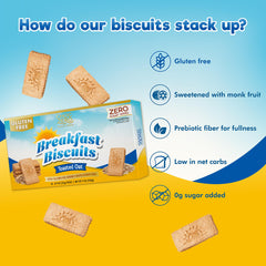ChocZero gluten-free toasted oat breakfast biscuits on a tray, celiac-friendly crunch.